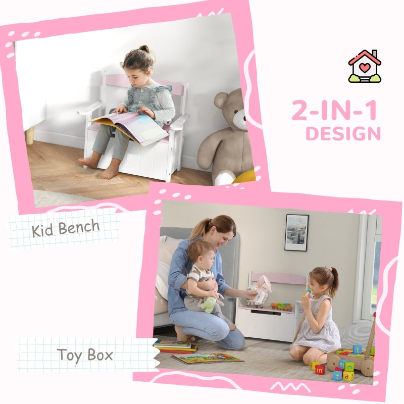 2-in-1 Toy Box Storage Bench with Lid, Pink Engineered Wood