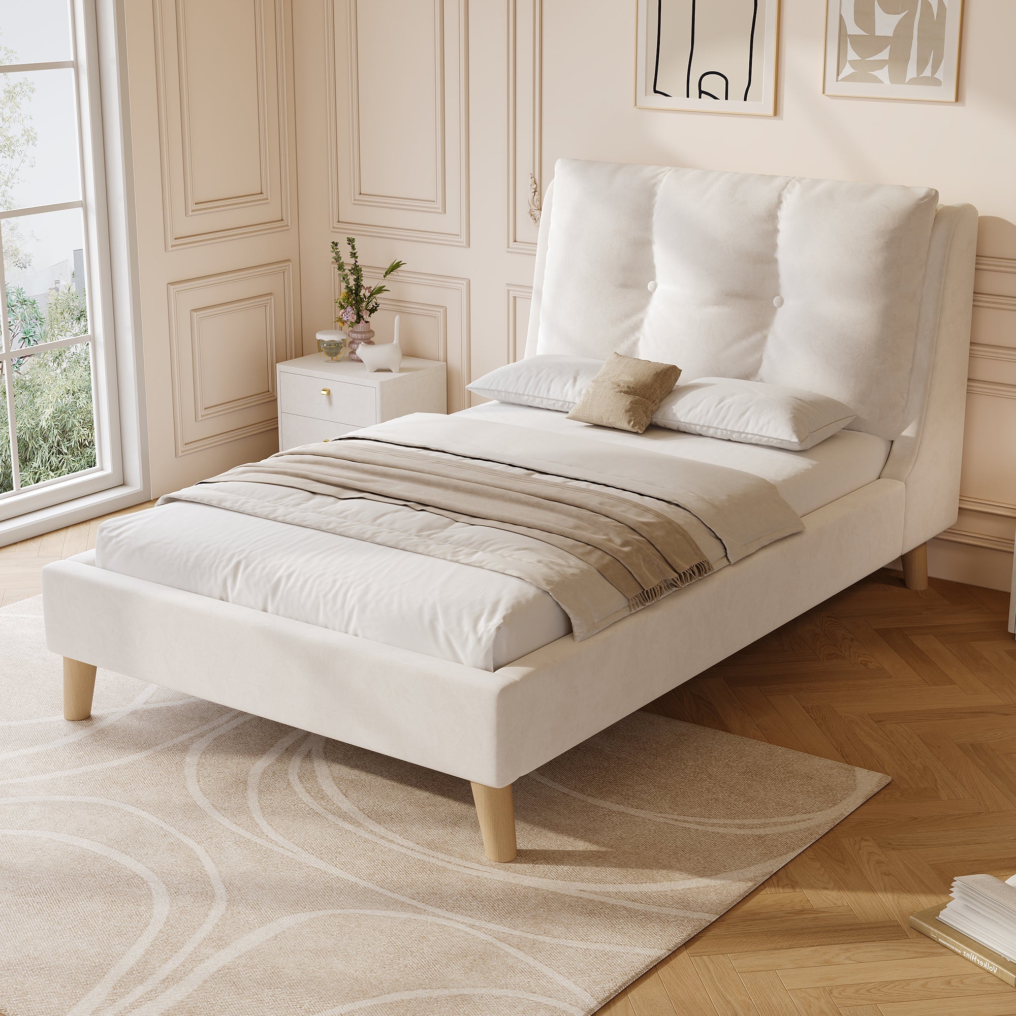 Upholstered Single Bed 90 x 200cm with Slatted Base and Solid Wood Legs, Beige Velvet