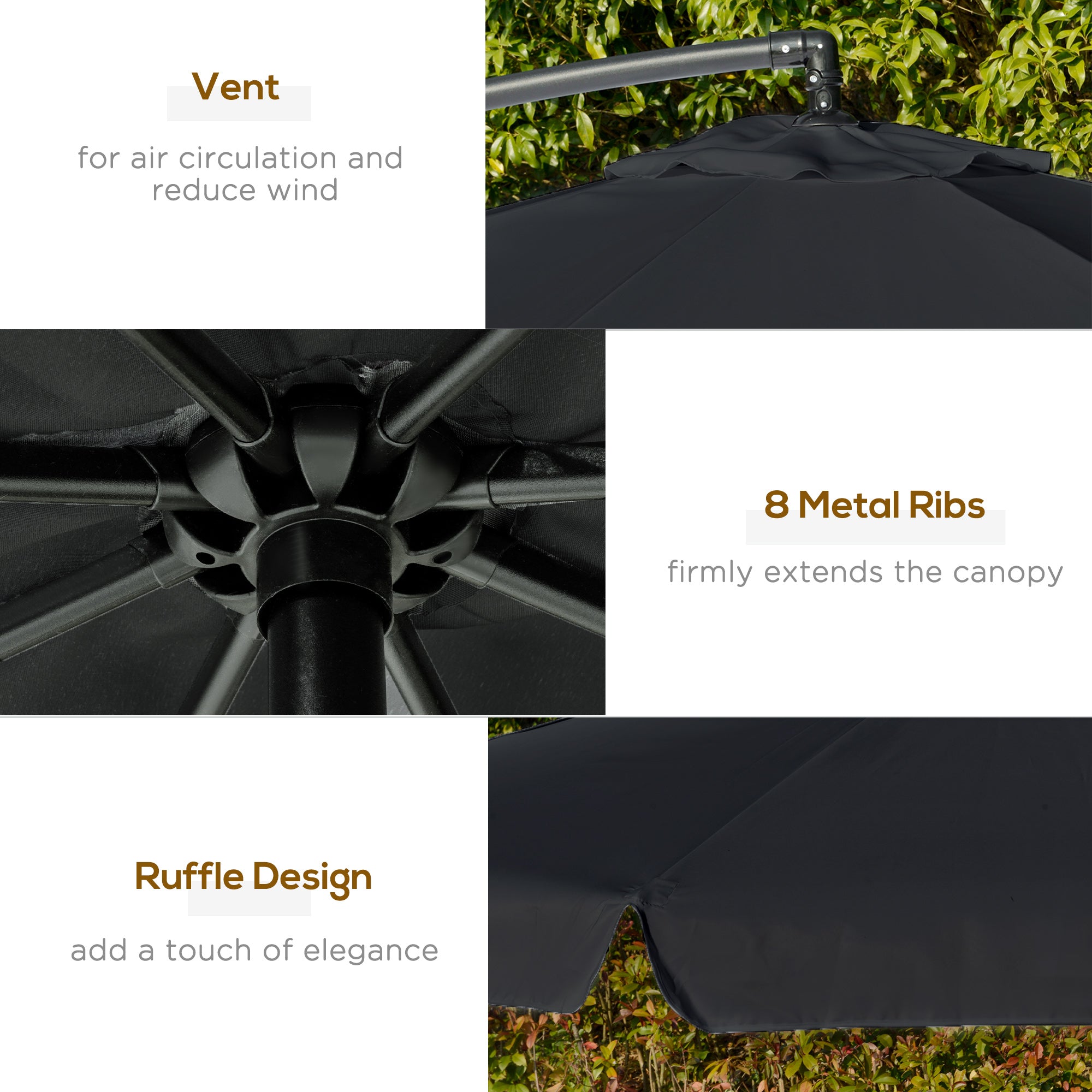 2.7m Banana Cantilever Parasol Umbrella with Crank Handle and Cross Base, Black