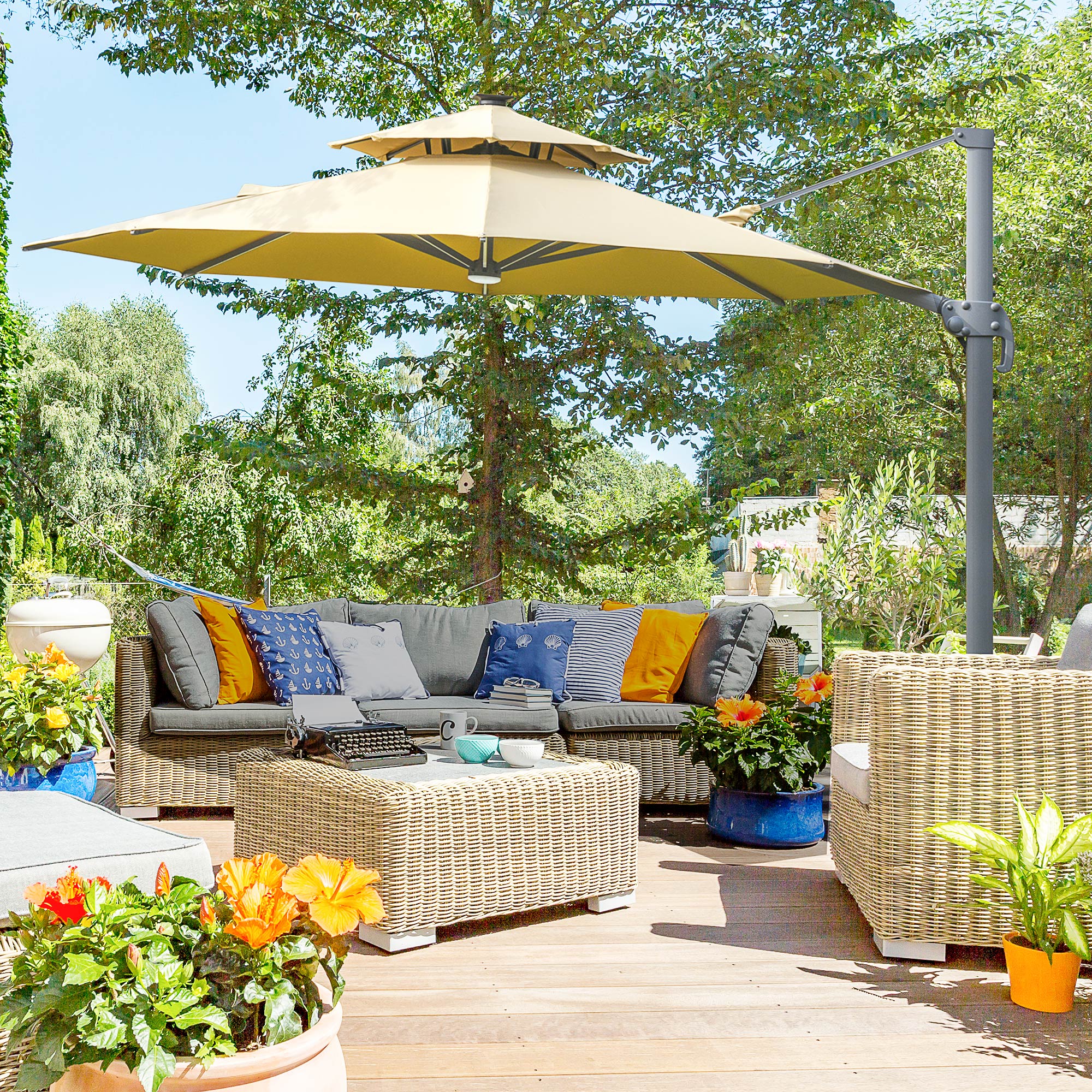 3m Cantilever Parasol, Solar Lights Power Bank Base 360° Spin, Beige