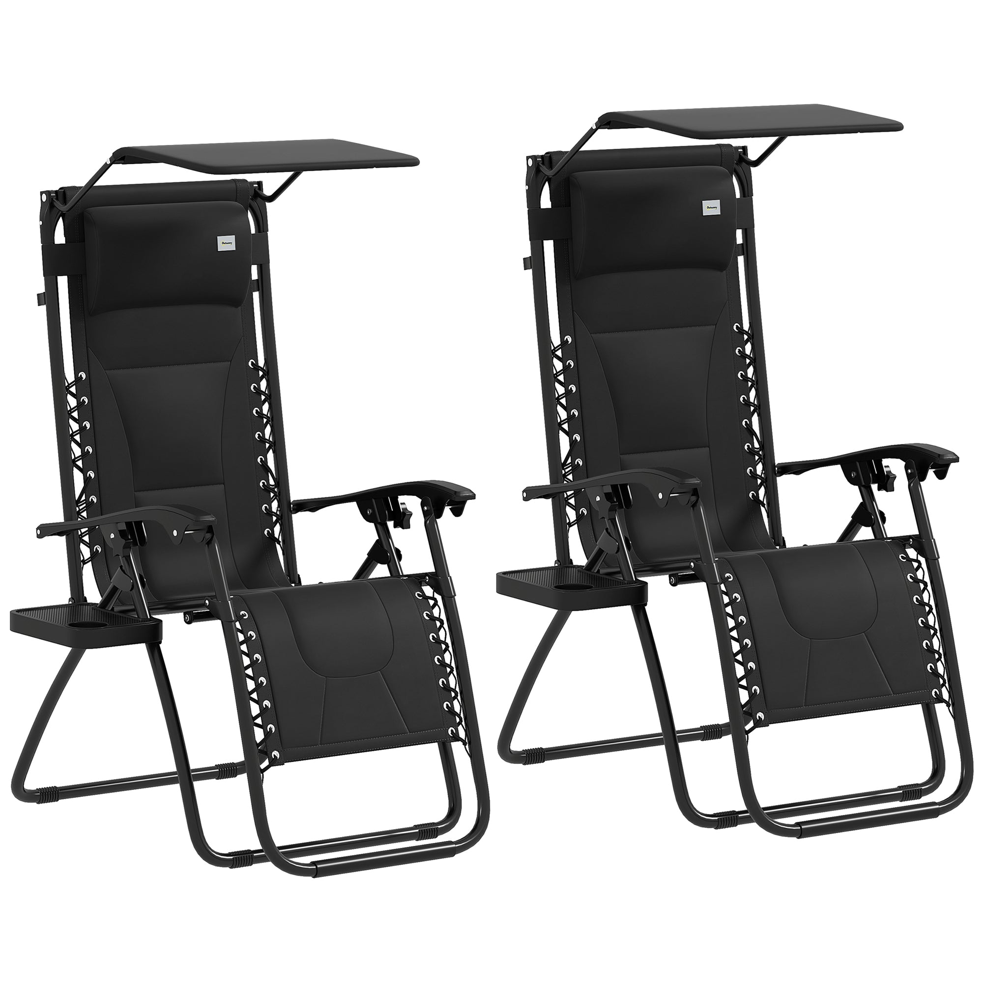 Zero Gravity Lounger Chair Set of 2, Folding Reclining with Shade and Cup Holder, Black