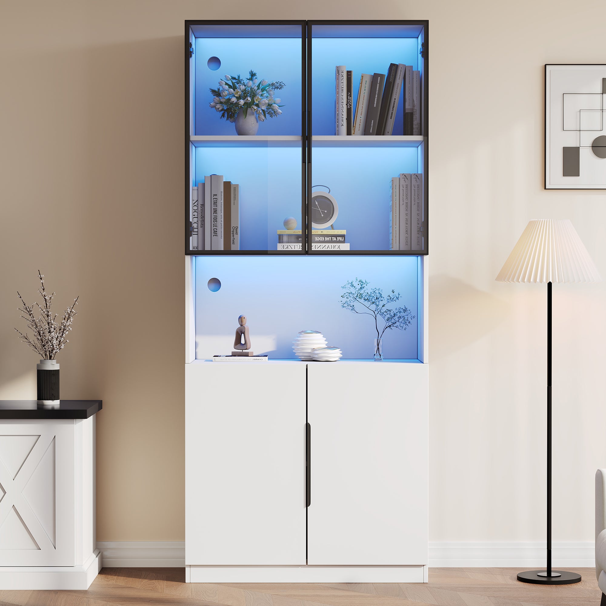 Display Cabinet, Glass Doors LED Lights Bookshelf, White