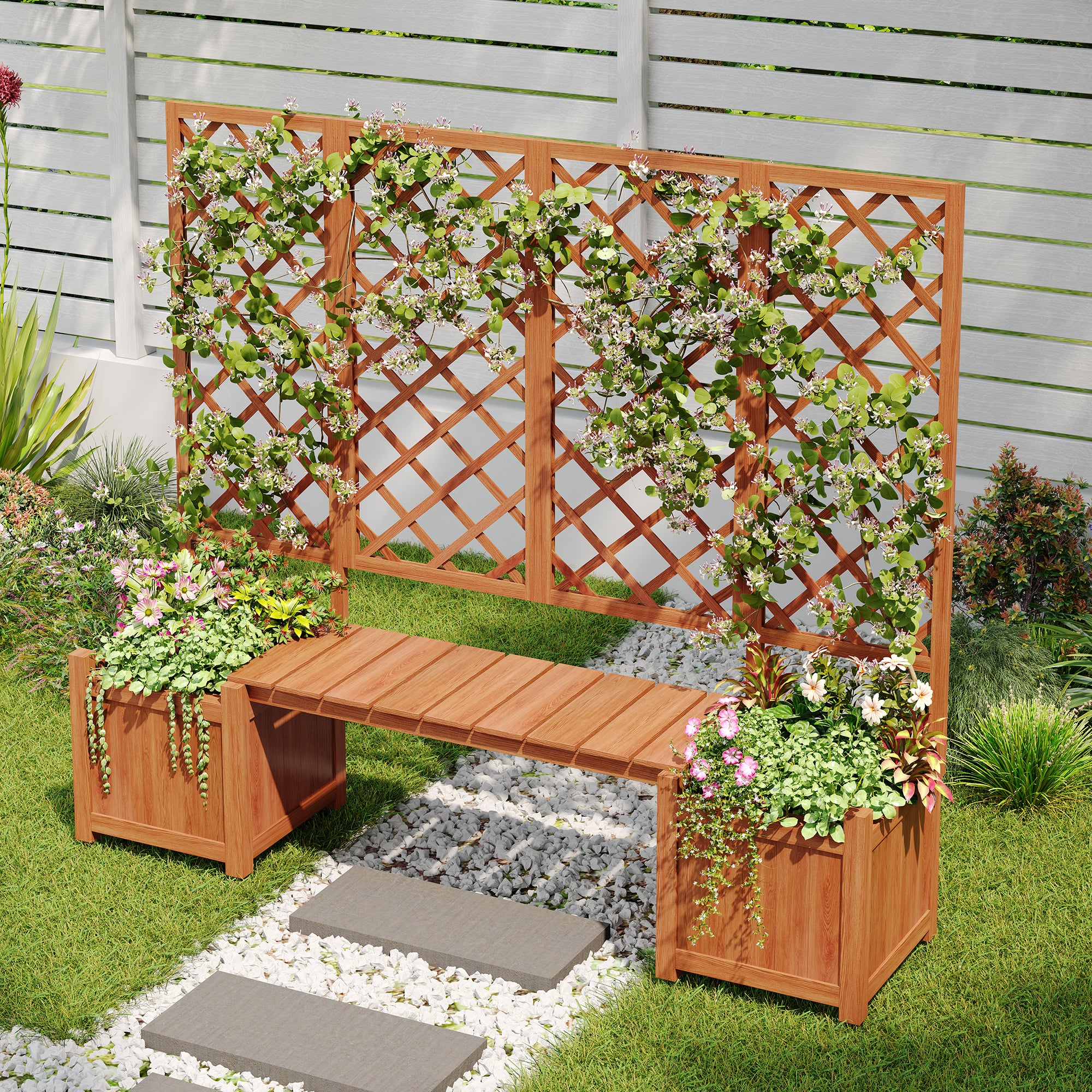 Planter Box with Trellis, Seat & Storage - Brown Solid Fir Wood
