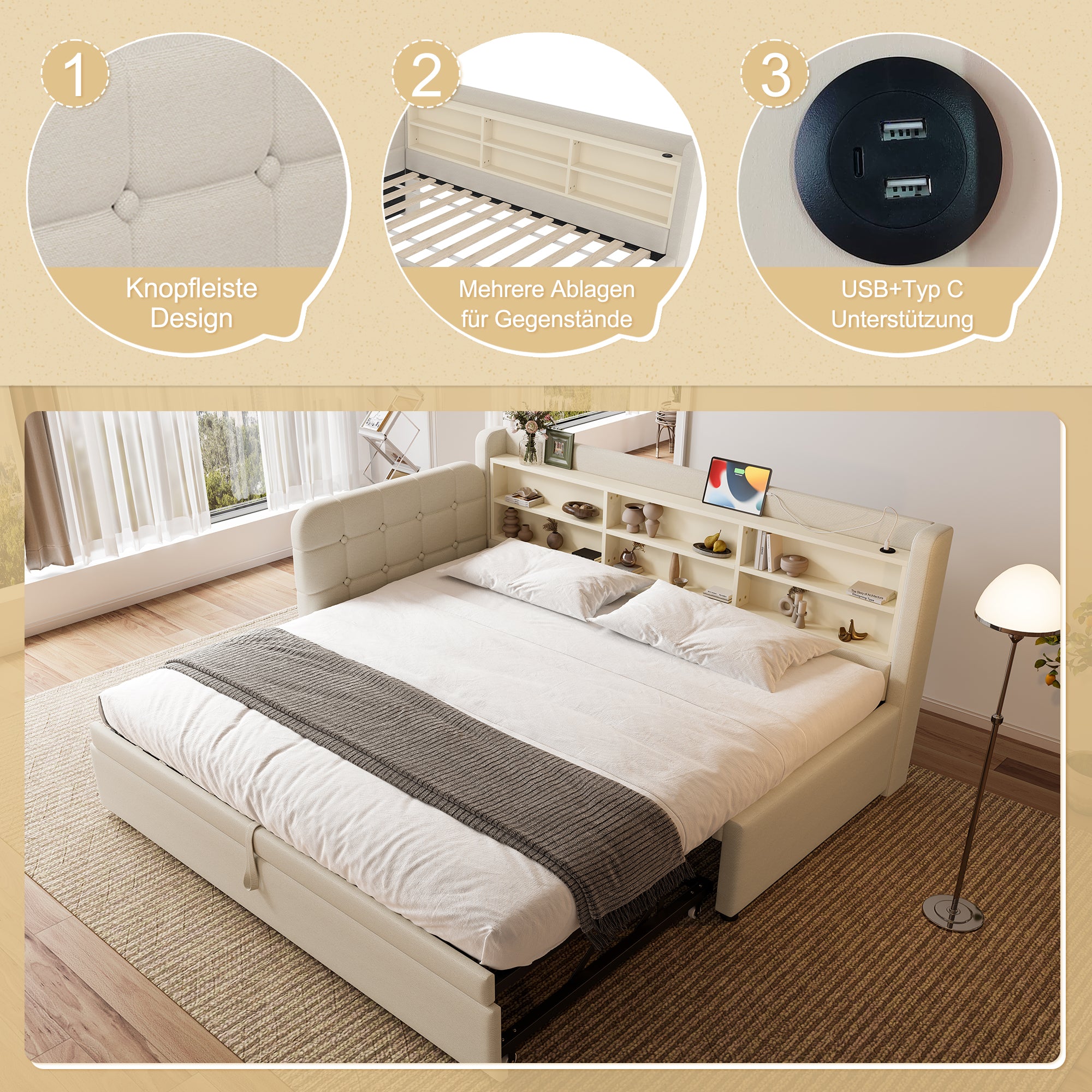 Daybed Sofa Bed 90x200cm Pull-out Bed USB/Type-C Storage Shelves - Linen Beige