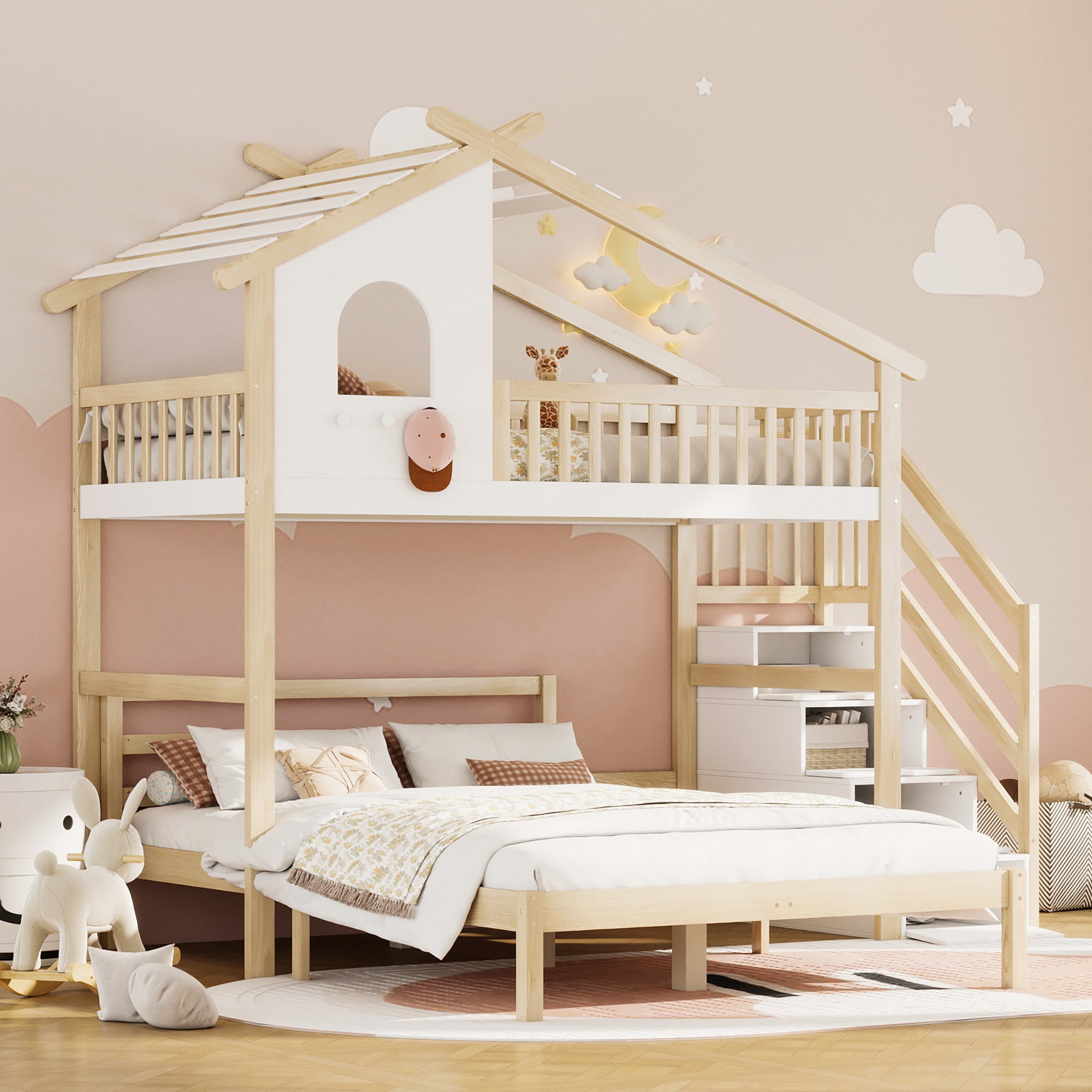 Bunk Bed with Storage Ladder, Bed Rail & Window, White + Natural
