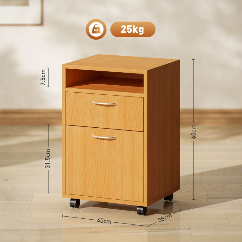 60cm Filing Cabinet with Drawer, Open Shelf, Mobile Printer Organiser, Natural Wood Finish