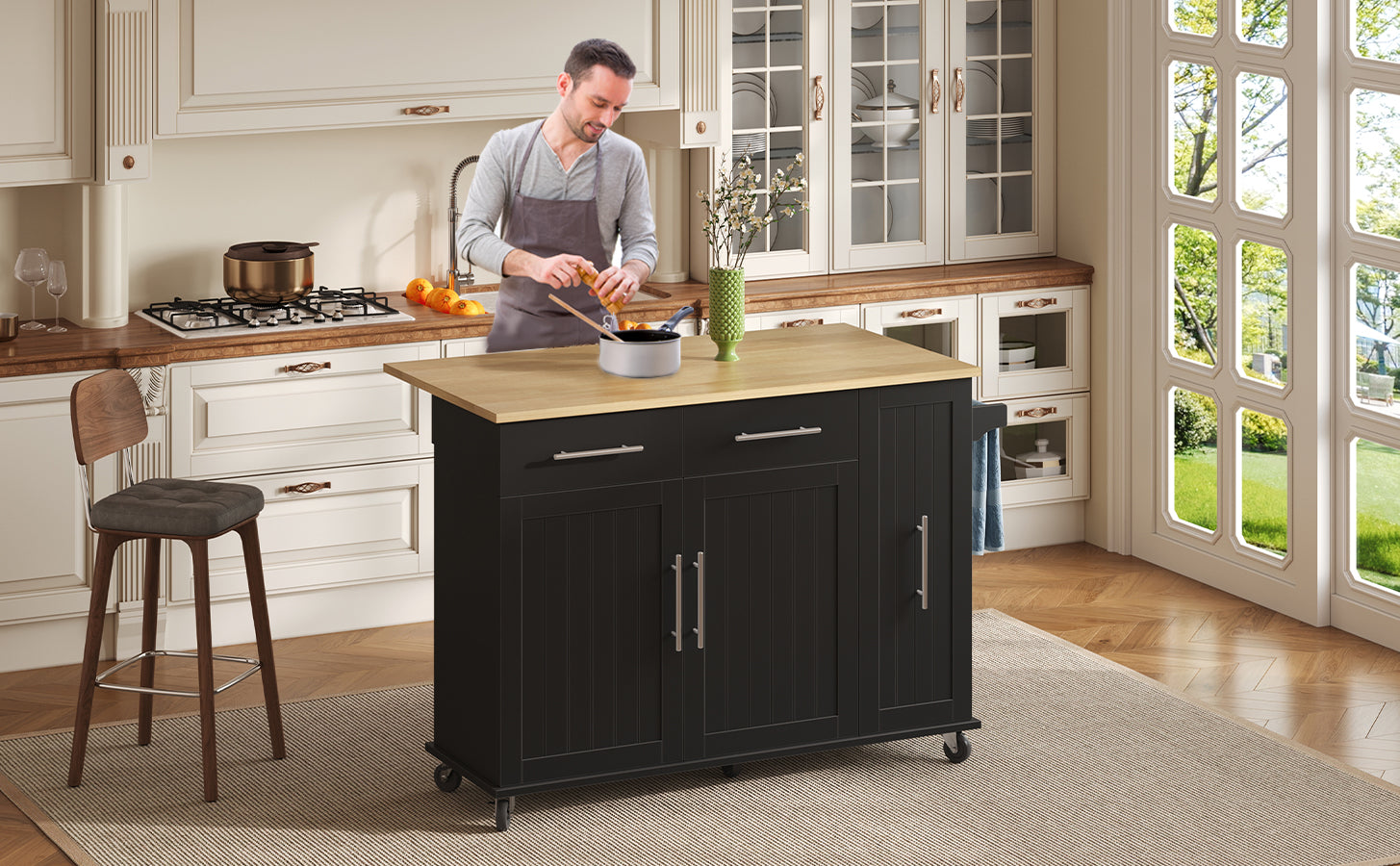 Kitchen Island Drop Leaf Rolling Cart 3-Tier Pull-Out 2 Drawers - Black