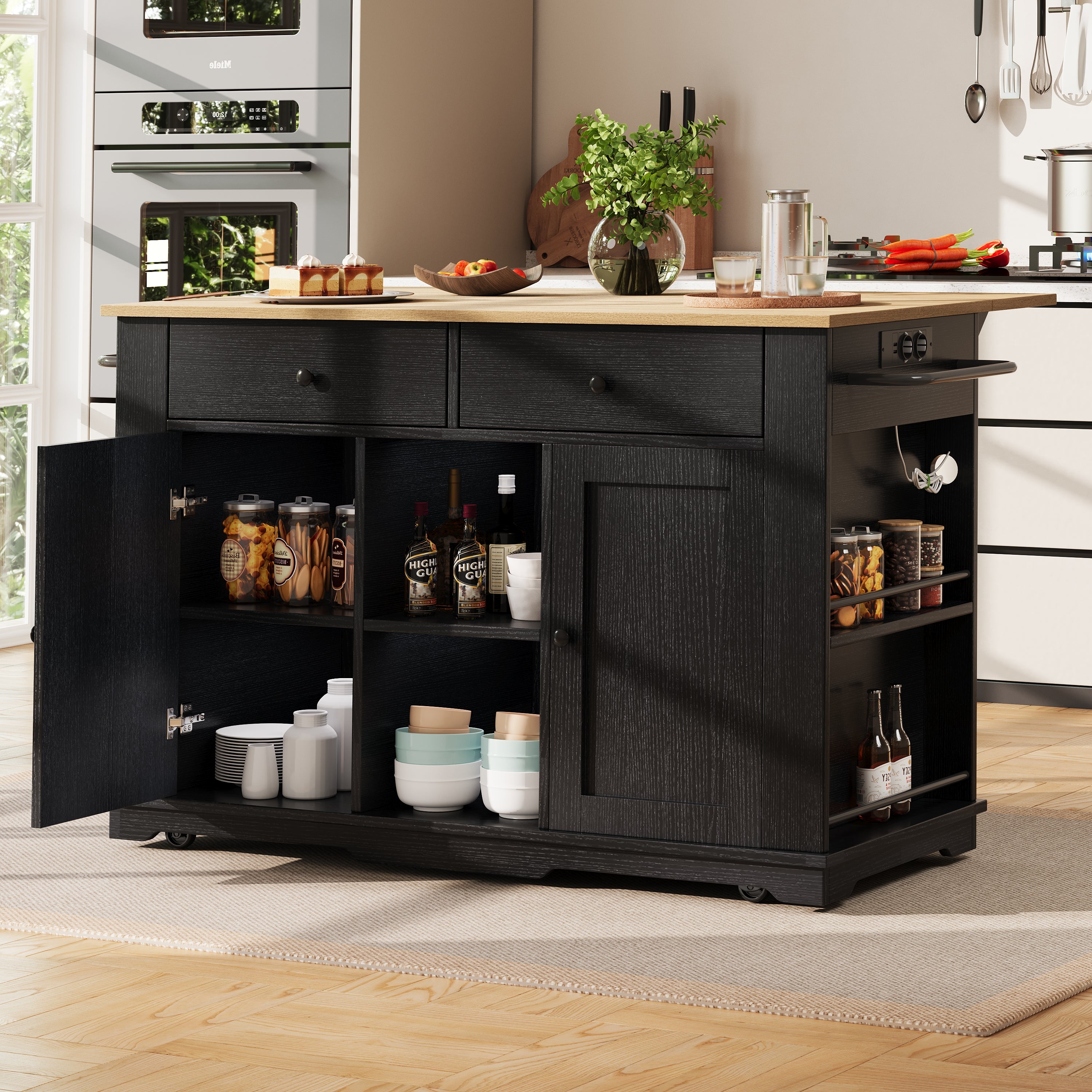 Kitchen Island Trolley Worktop Power Strip Wood Grain Storage - Black