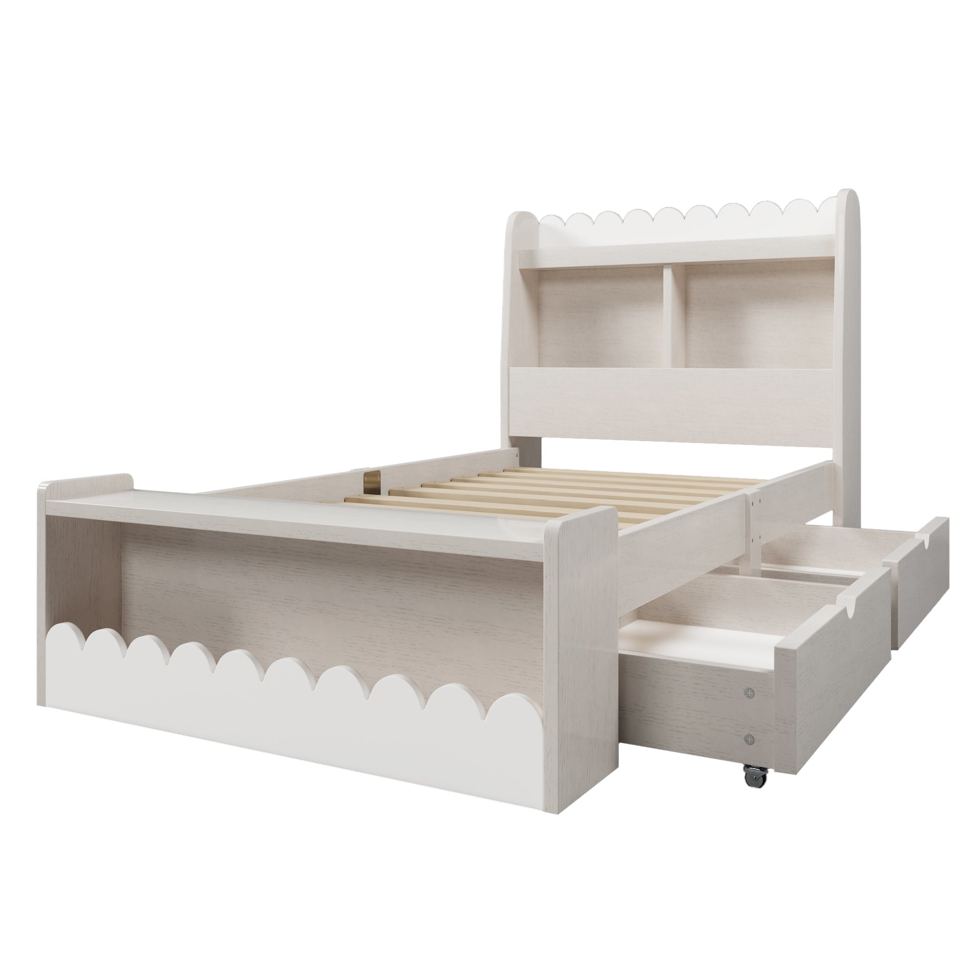 Children's Single Bed, Storage with Drawers, Shelf, Bench, Wood, White Oak