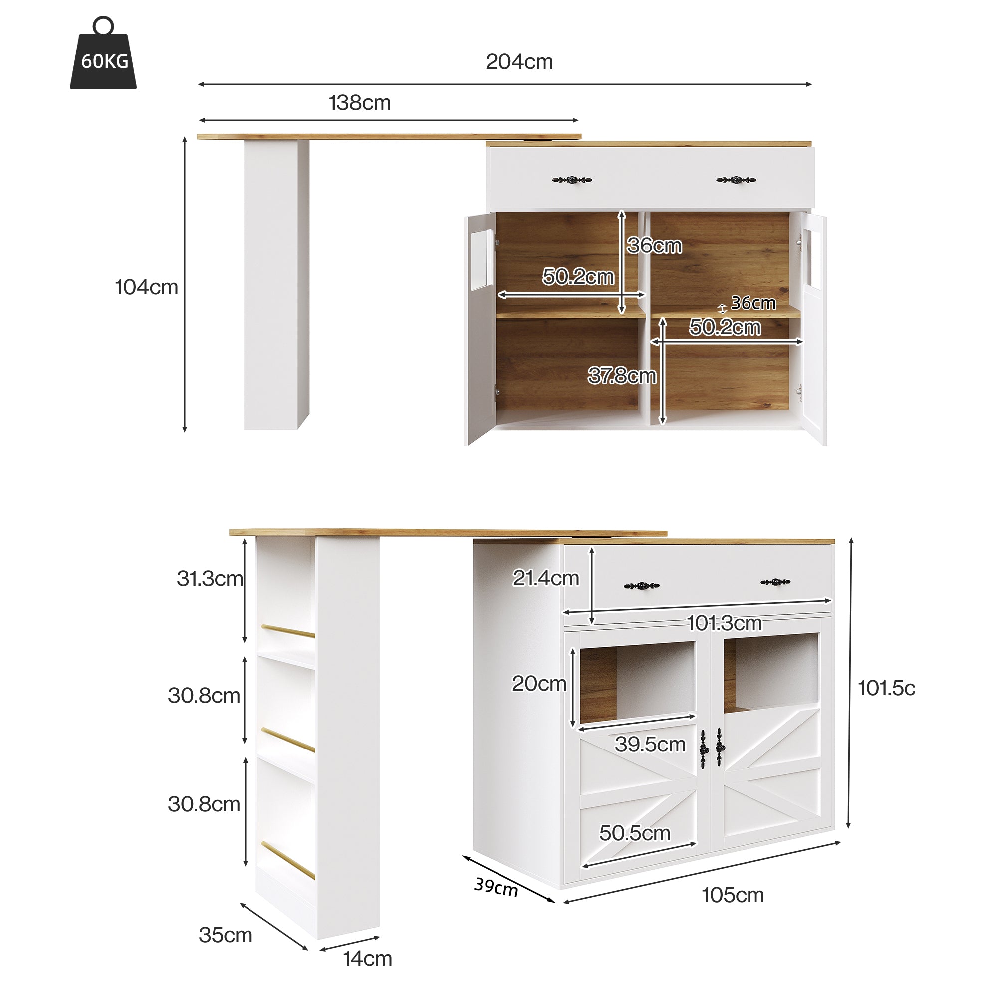 Extendable Bar Table 360° Rotating Storage Shelves - White