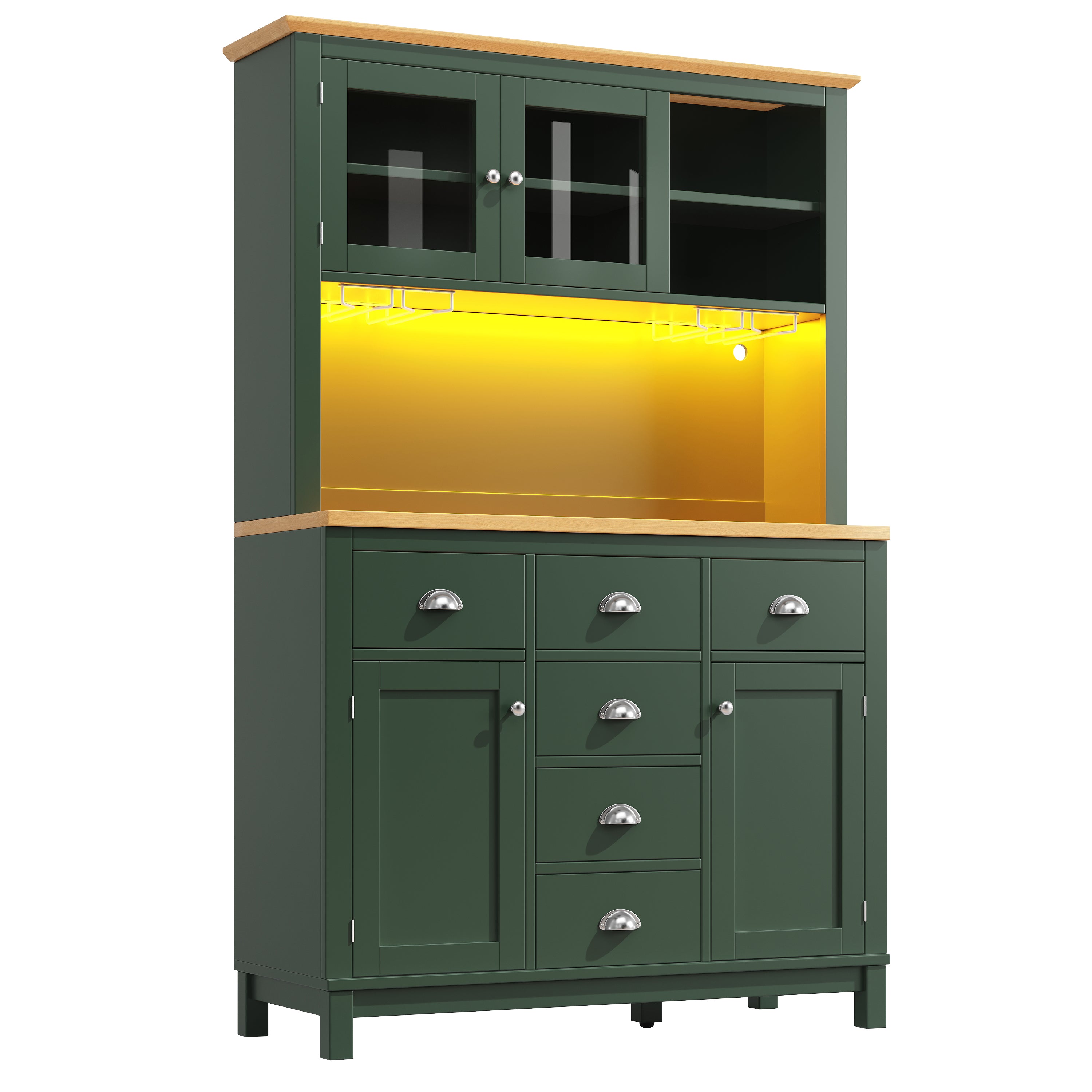 Buffet Sideboard Cabinet with 4 Doors and LED Lights, Green and White