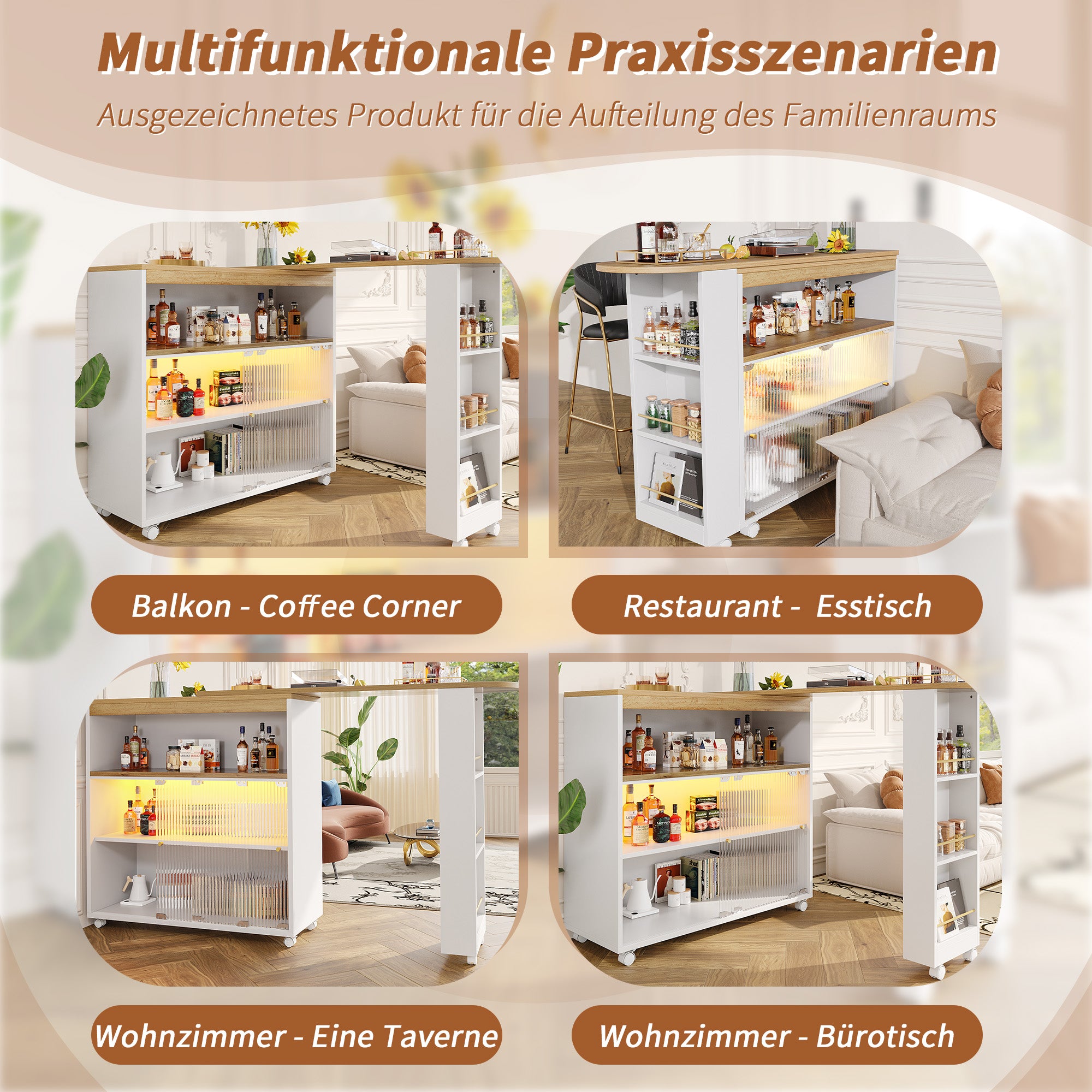 Extendable Bar Table, Movable Telescopic with LED, White