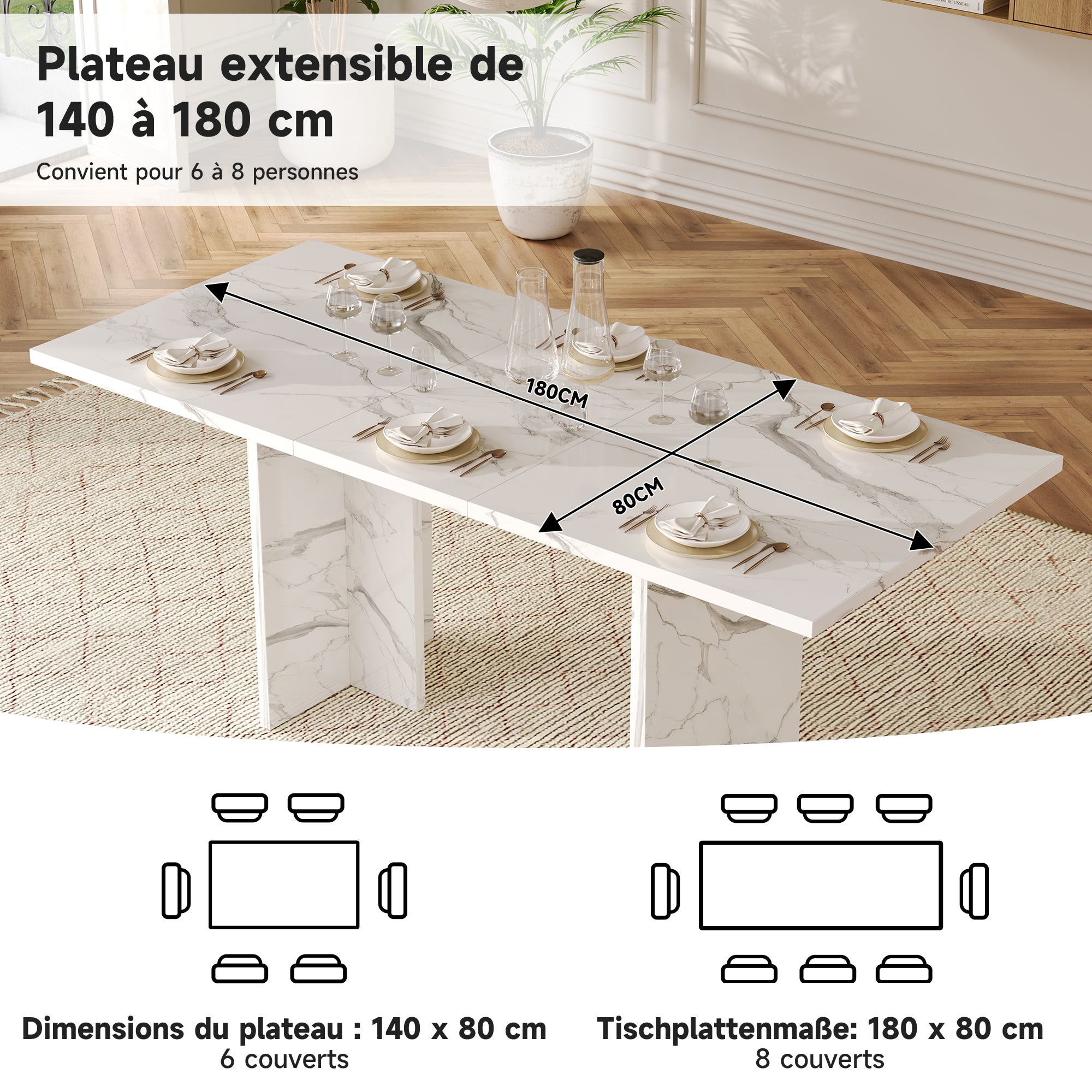 Extendable Dining Table 140/180x80cm Rectangular 6-8 Seater - White Marble