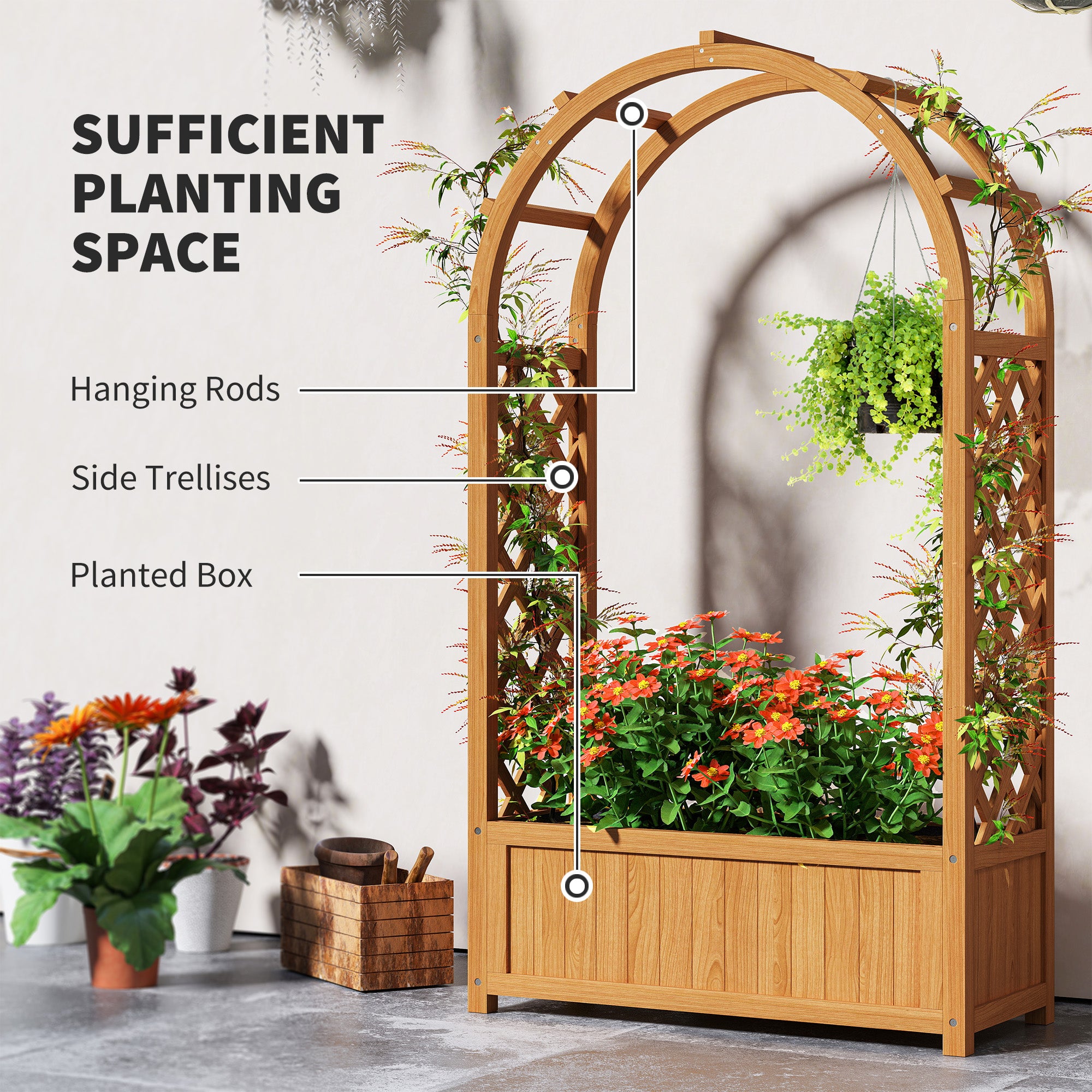 Wooden Raised Garden Bed with Trellis, Liner & Drainage for Climbing Plants, Brown Wood