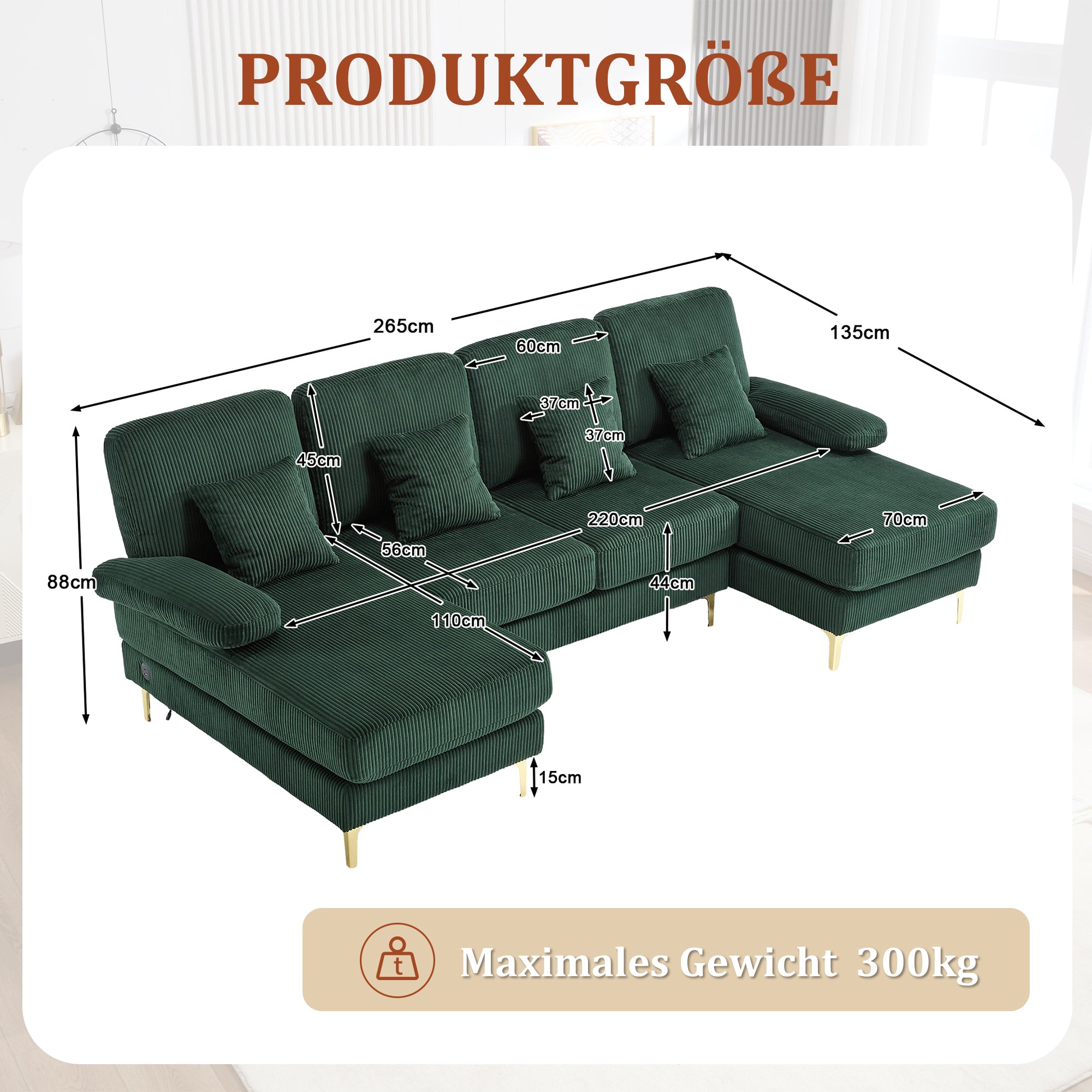Sofa, U-Shaped with LED & USB-C, Dark Green