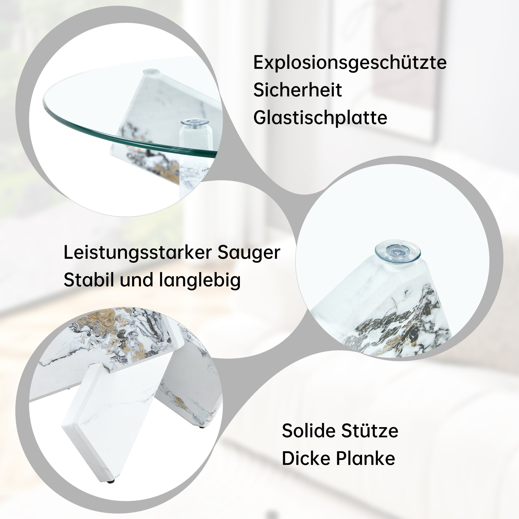 Round Coffee Table Glass Top 79cm Marble Look Legs - Multi-color