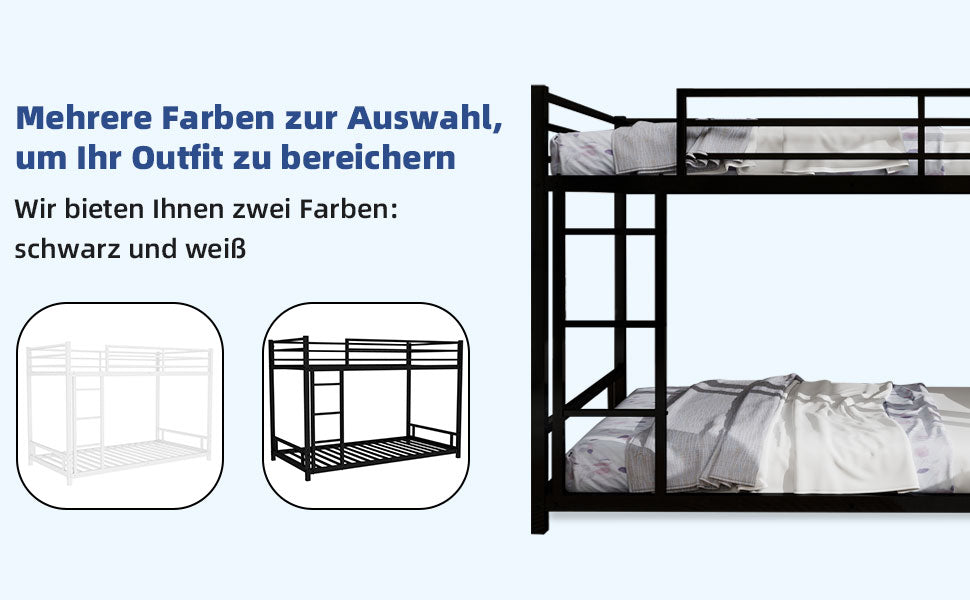 Metal Bunk Bed, Two Single Beds, Heavy-Duty, Quiet, Safety Railing, No Box Spring Required, Metal