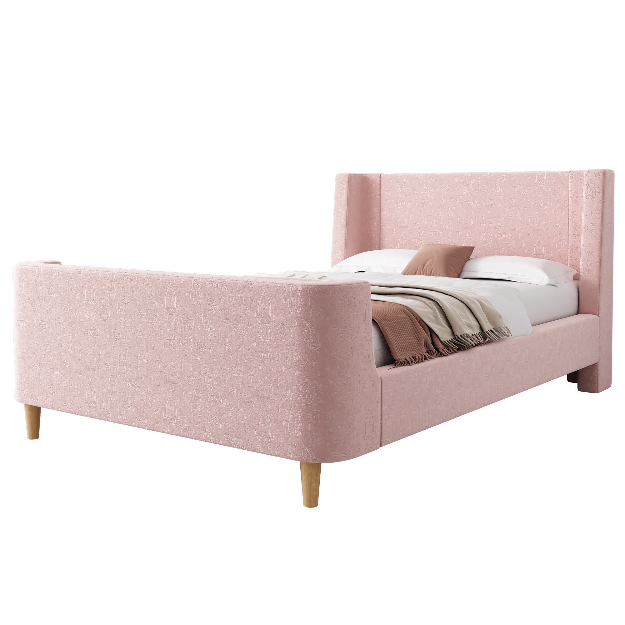Children's Bed Upholstered Sleigh Bed, Cosmic Pattern, 90x200cm, Pink Velvet