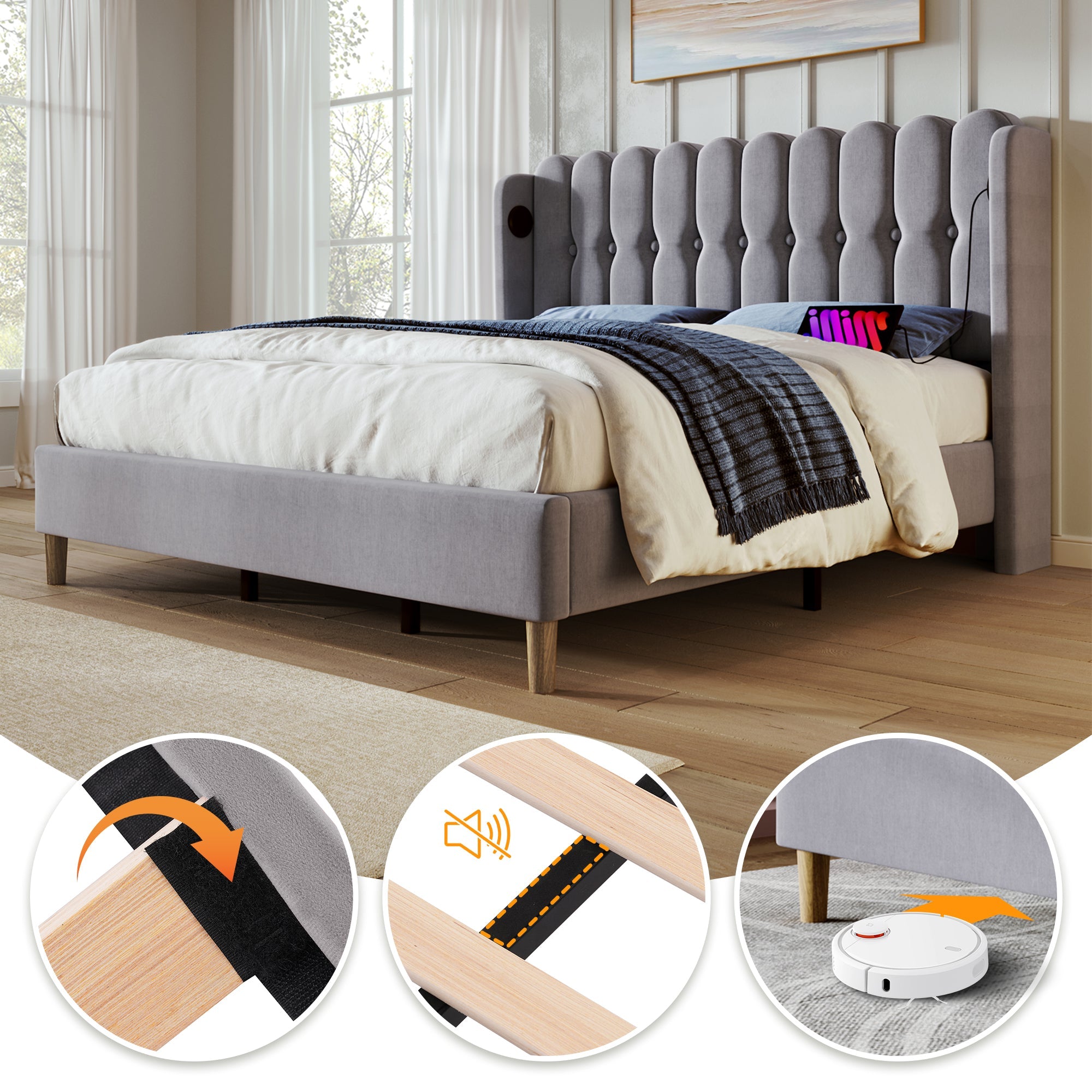 Upholstered Double Bed with USB and Type-C Charging, Bed Frame with Wooden Slatted Frame, Teenager Bed, Grey Linen Material