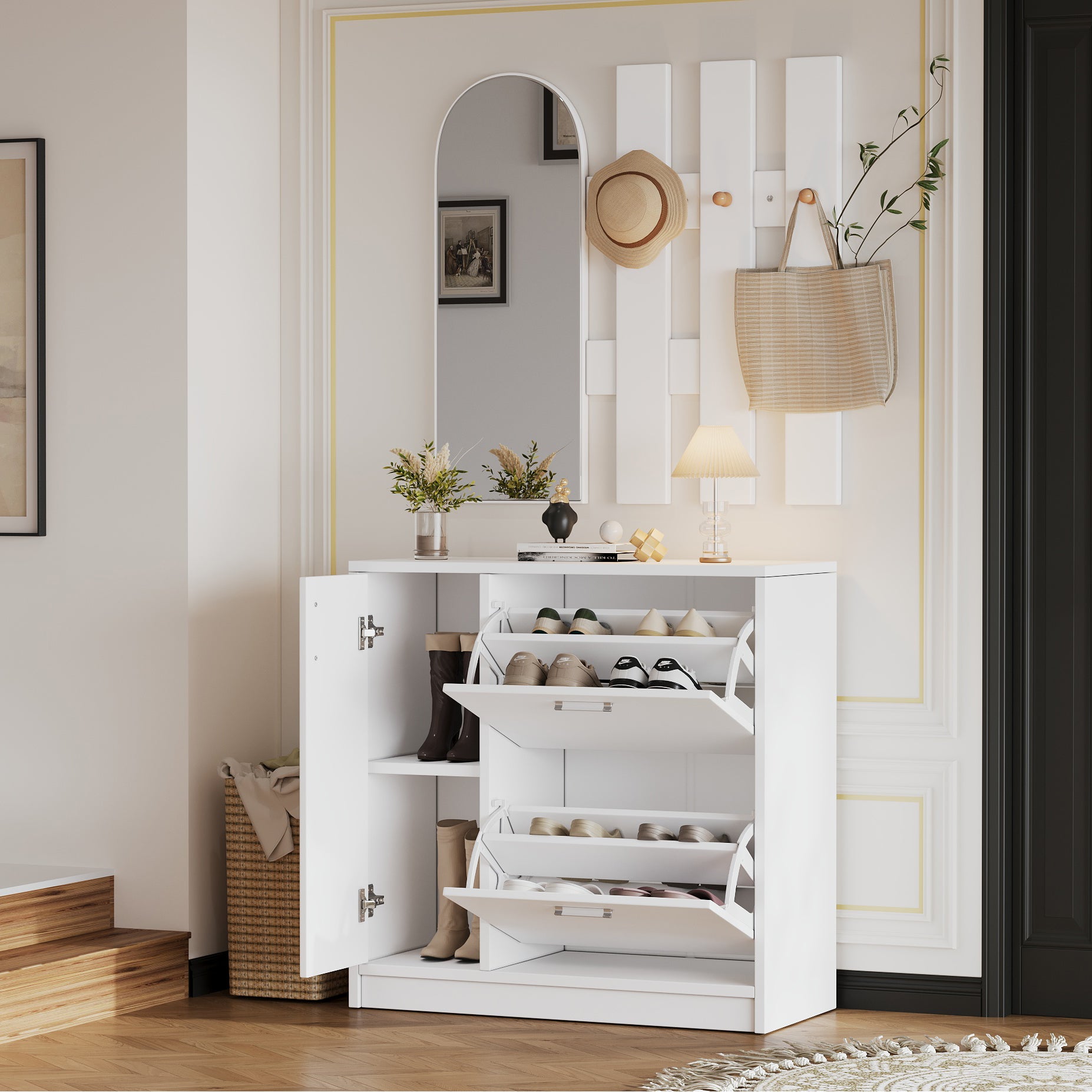 Shoe Cabinet, Folding Doors with Mirror & Hooks, White