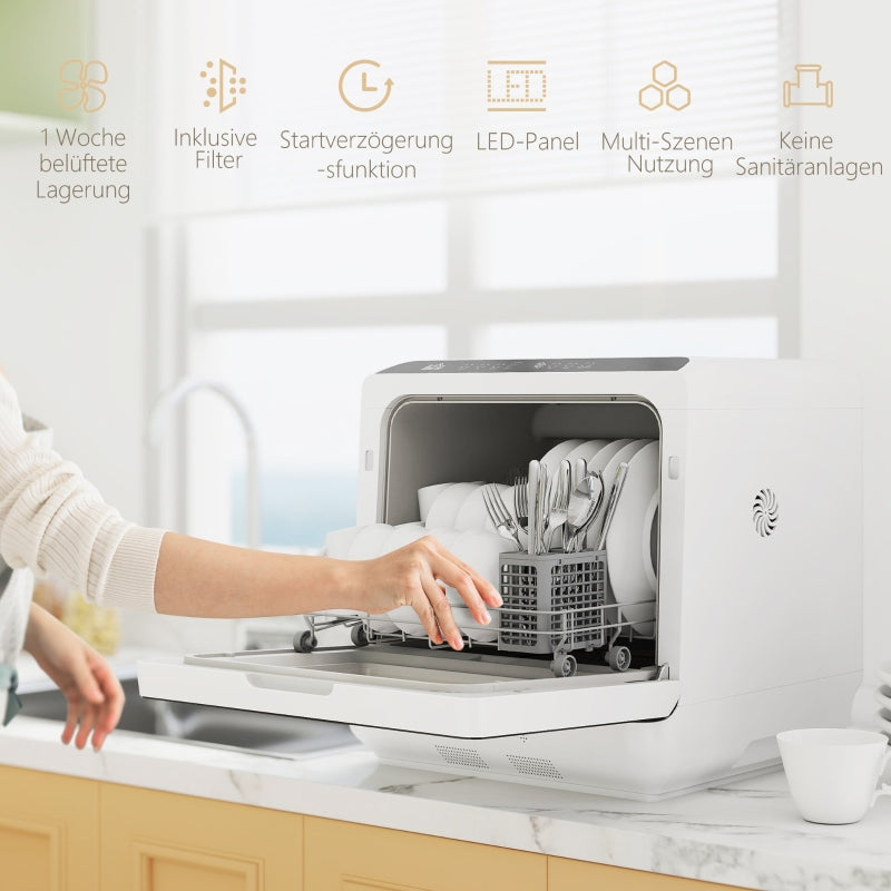 Countertop Dishwasher, Mini 6-Liter Tank 5 Programs LED Display Drying Function, White