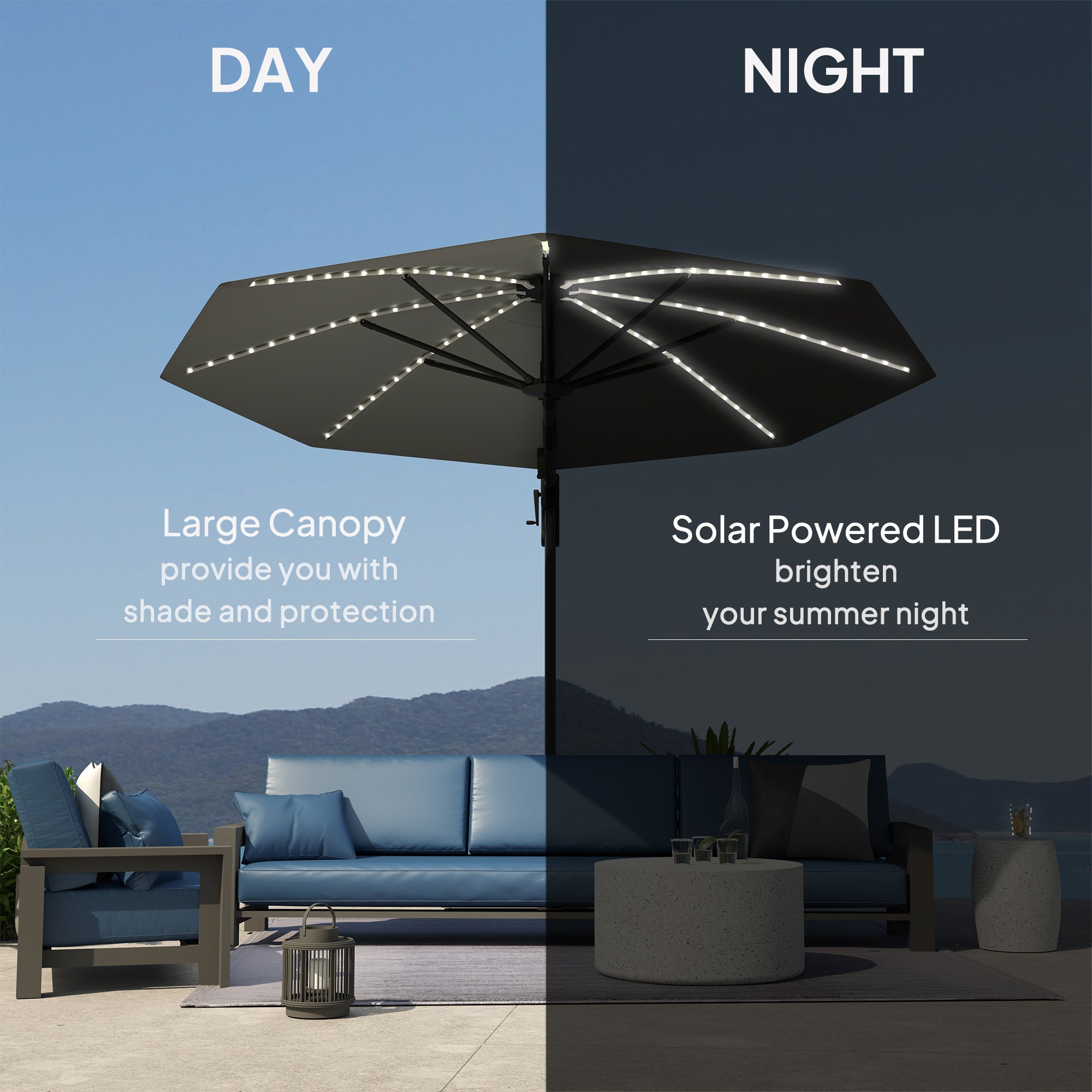Cantilever Garden Parasol, Solar Powered Lights, Crank Handle, Cross Base, UPF 50+, 360° Rotation, Dark Grey
