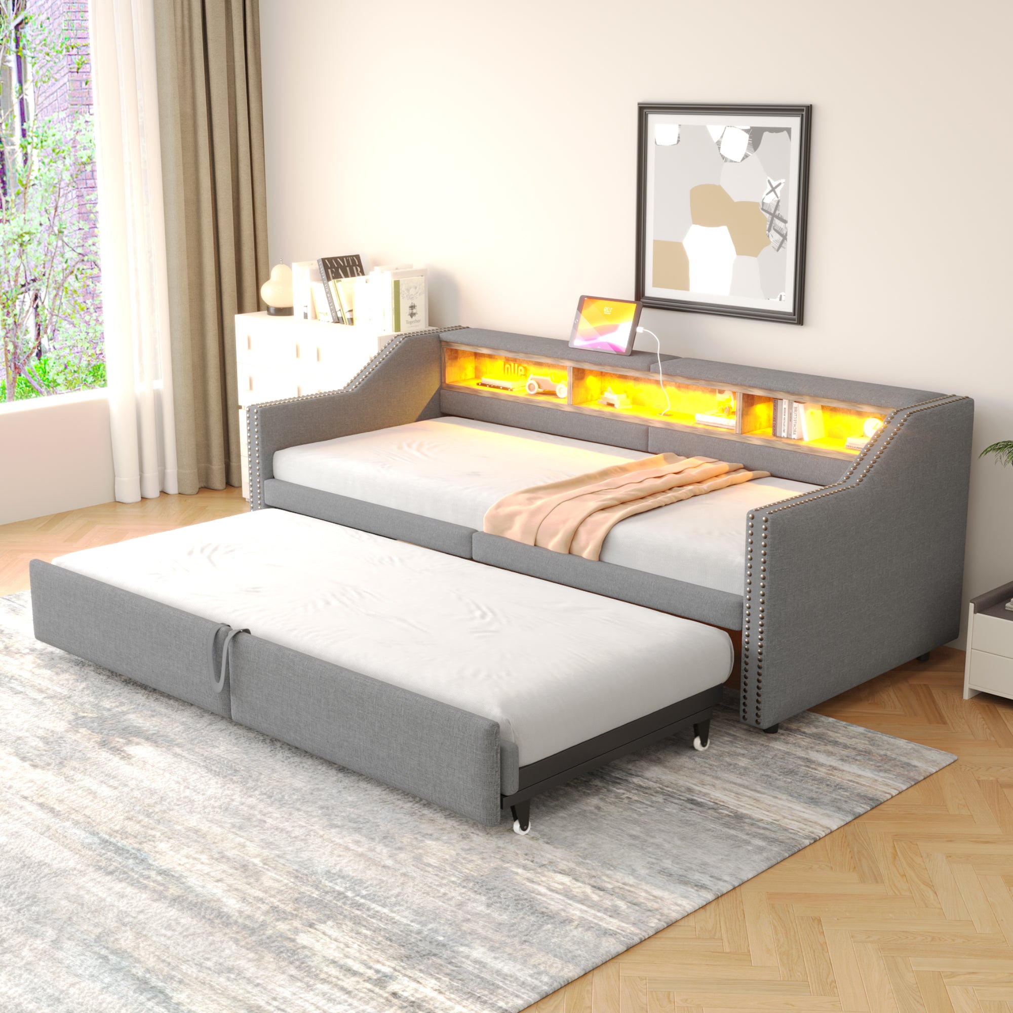 Upholstered Sofa Bed, Pull-Out with Storage, LED & USB, Light Grey