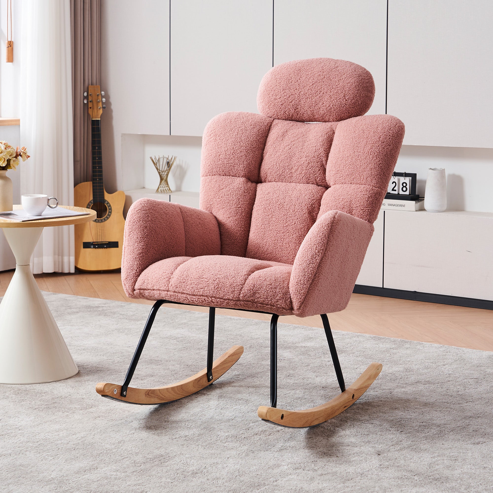 Rocking Chair 055, Tufted Upholstered, Pink Teddy Fabric