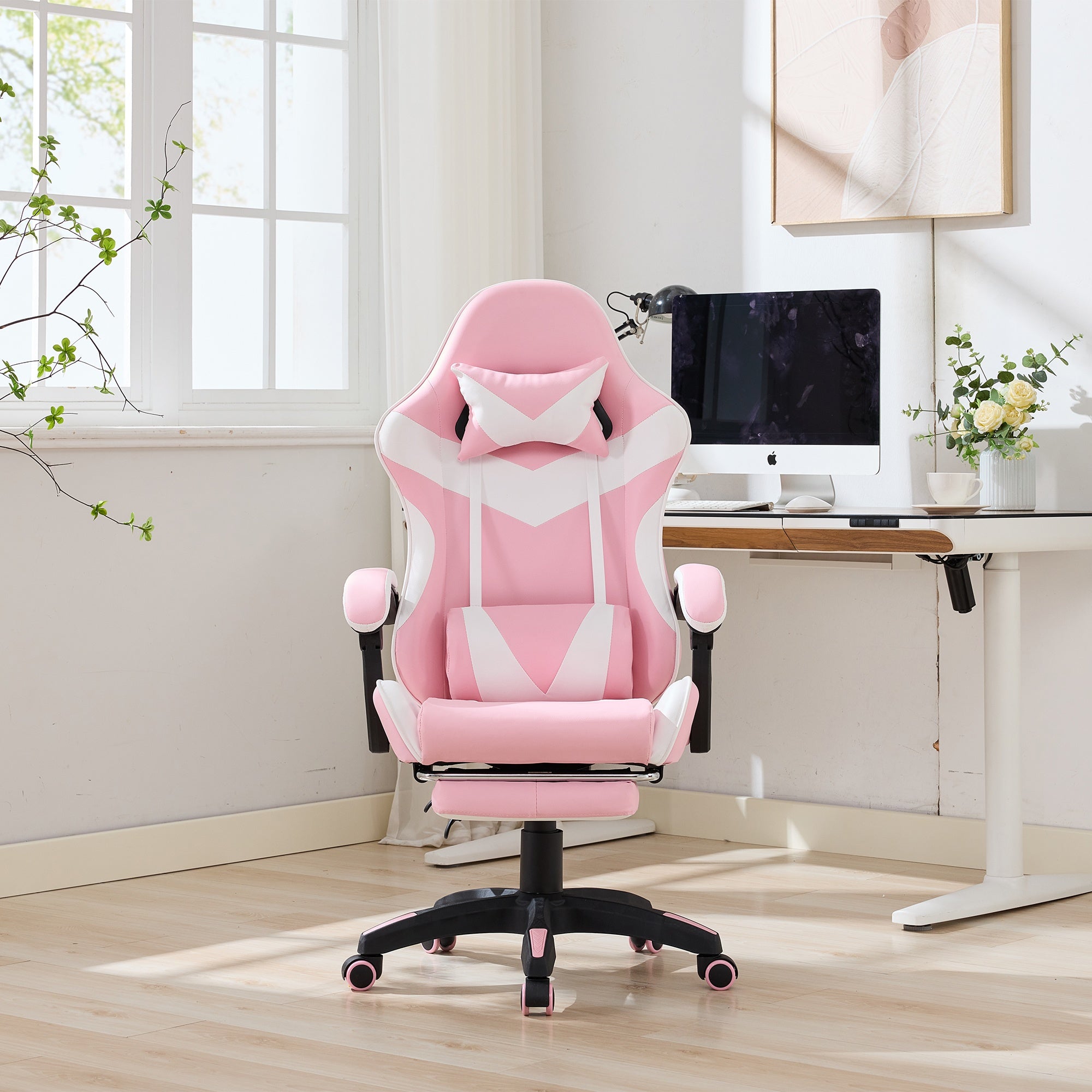Gaming Chair 360° Swivel Ergonomic Racing High-Back Adjustable with Footrest and Lumbar Support – White & Pink Leather