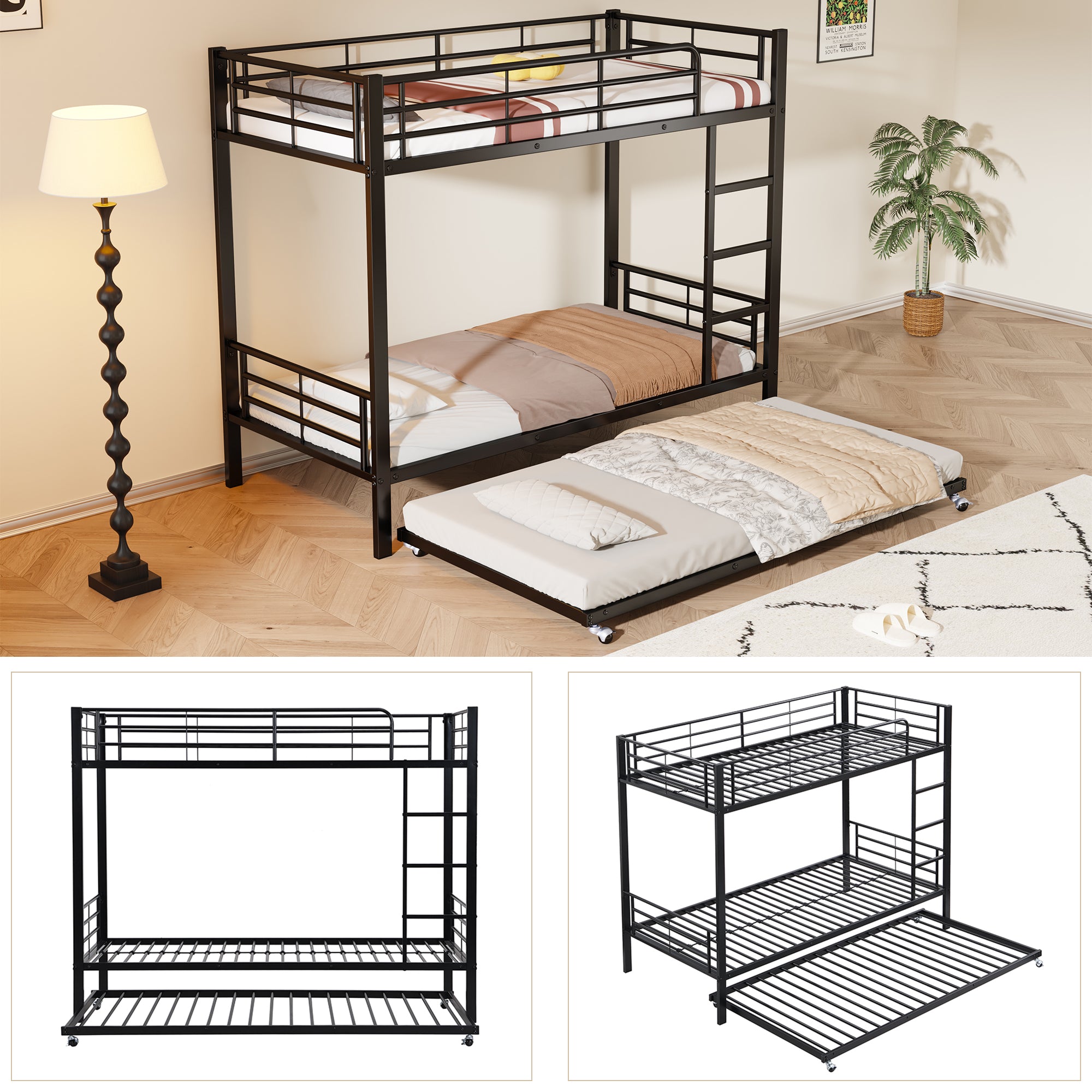 Iron Bunk Bed Pull-out Bed 4 Side Rails 90x200cm & 90x190cm, Black Metal