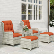 5 Pieces Rattan Bistro Set, Adjustable Reclining Chairs with Cushions and Glass Top Table, Orange