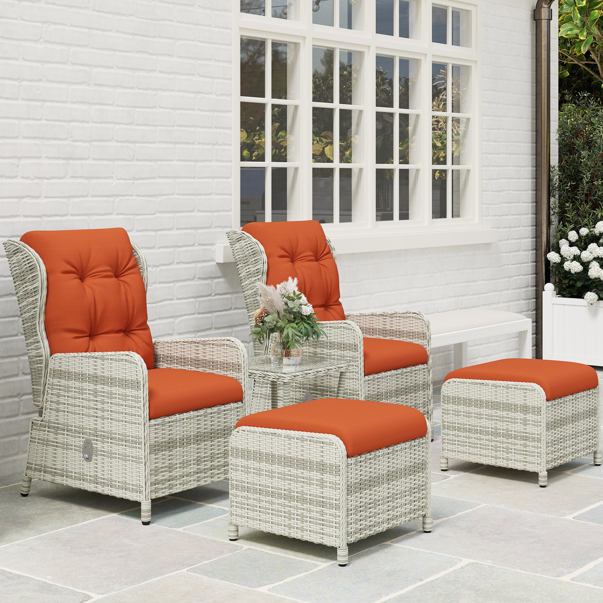 5 Pieces Rattan Bistro Set, Adjustable Reclining Chairs with Cushions and Glass Top Table, Orange