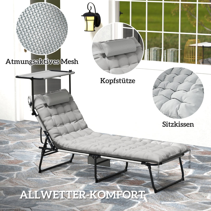 Folding Sun Lounger with Canopy, Mattress & 4-Position Adjustable Backrest - Light Grey