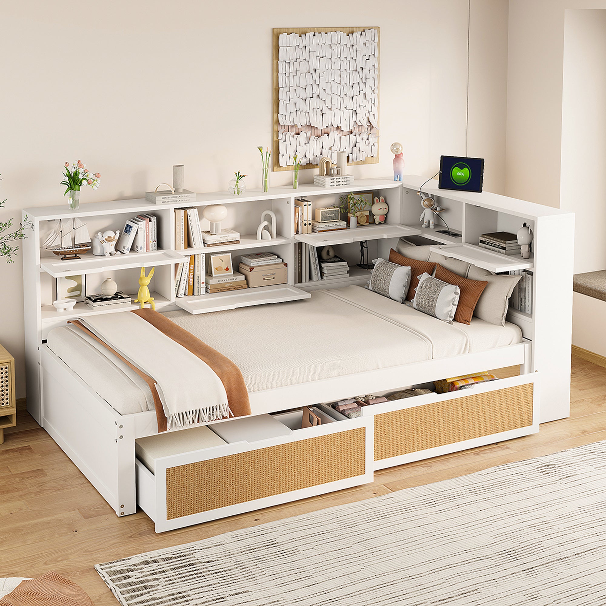 Sofa Bed, 90x200cm Multifunctional Single Bed with Drawer & Charging Port, White Solid Wood
