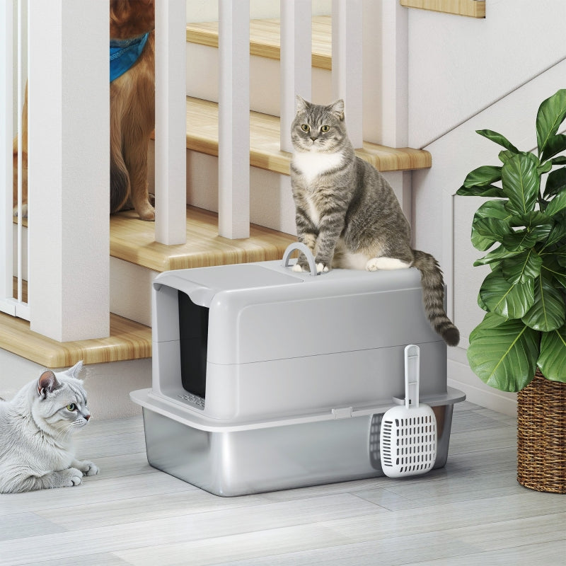 Cat Litter Box, Tray, Filter, Scoop, Grey/Silver