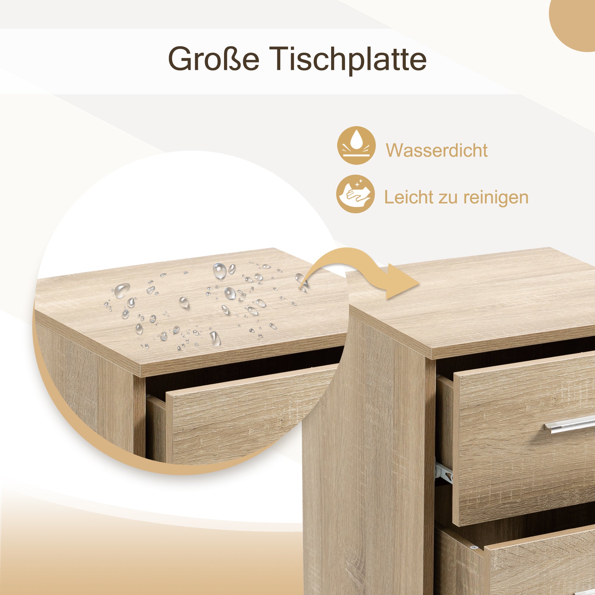 Bedside Tables, Set of 2 with 3 Drawers, Chipboard, Natural Color