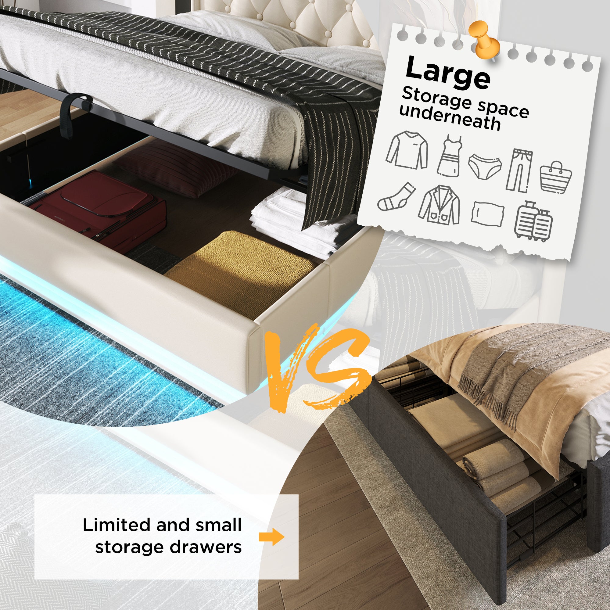 Upholstered King Ottoman Bed, 360 Surround LED, Hydraulic Storage, Charging Function, White PU