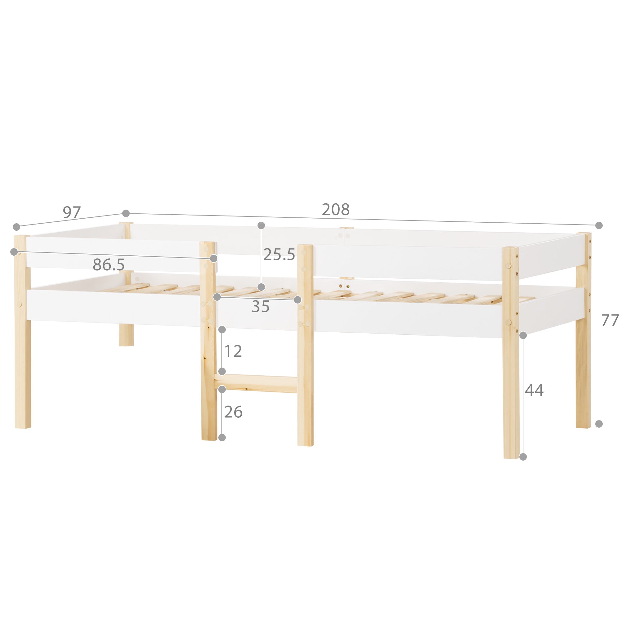 Children's bed with fall protection, 90x200 cm, solid pine wood, white & oak