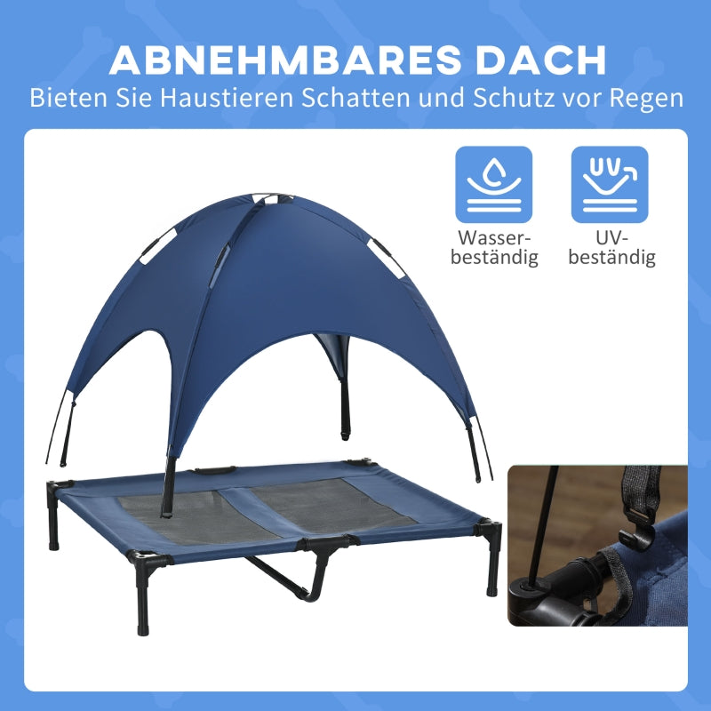 Dog Bed with Canopy, Foldable Elevated, Blue + Black