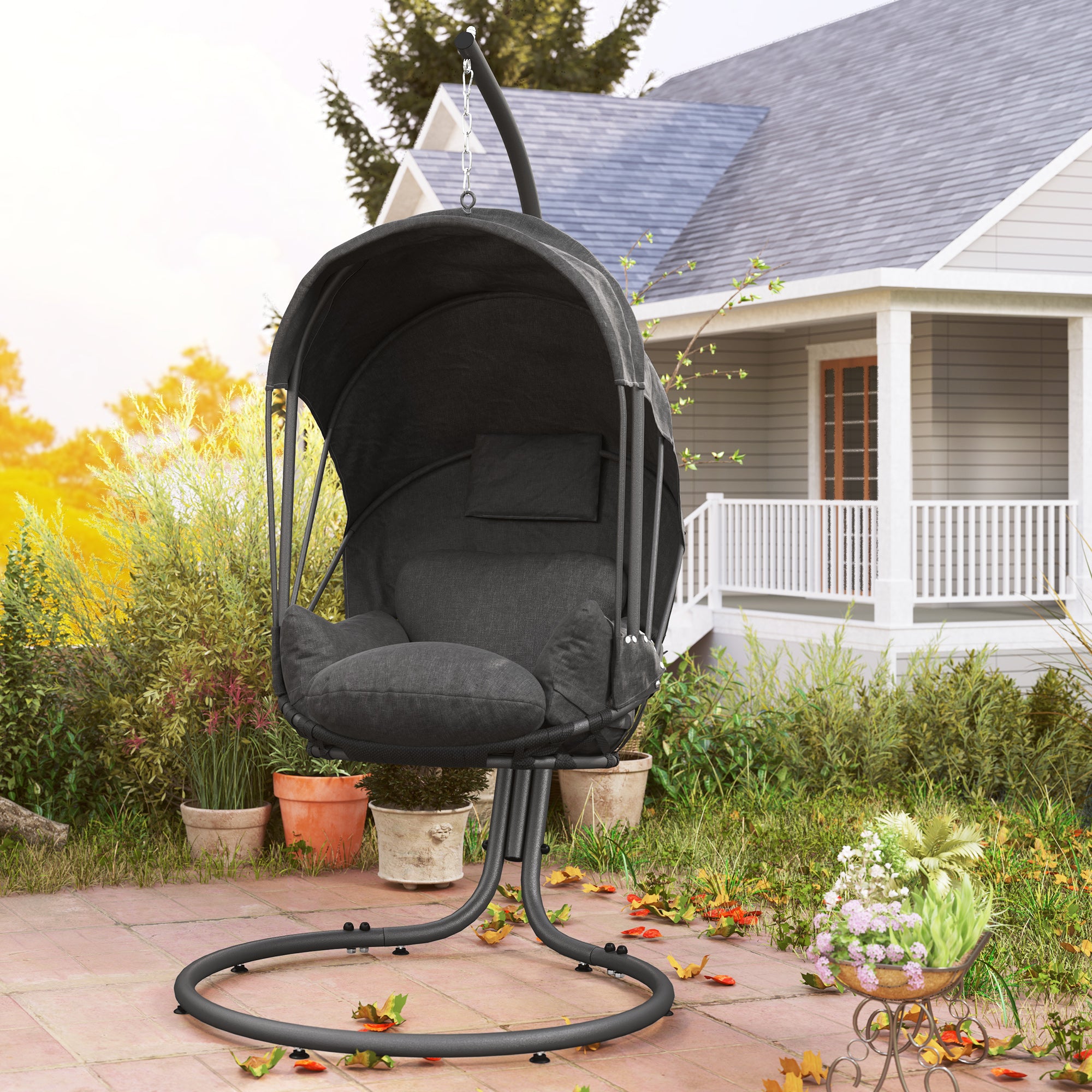 Hanging Egg Chair Swing with Stand, Cushion, and Retractable Canopy - Grey