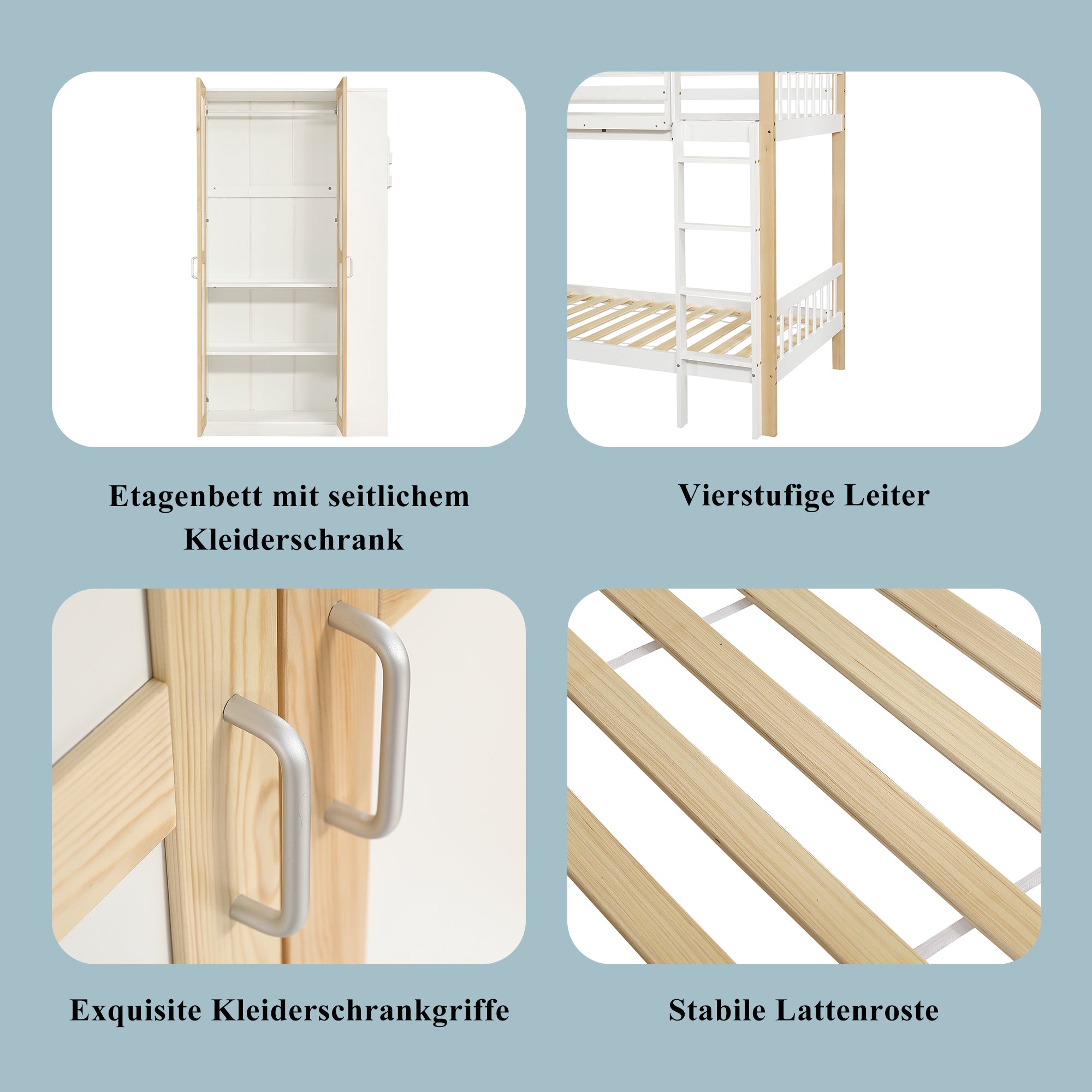 Bunk Bed, Child's with Ladder, Storage & Wardrobe, Pine+PB White+Natural