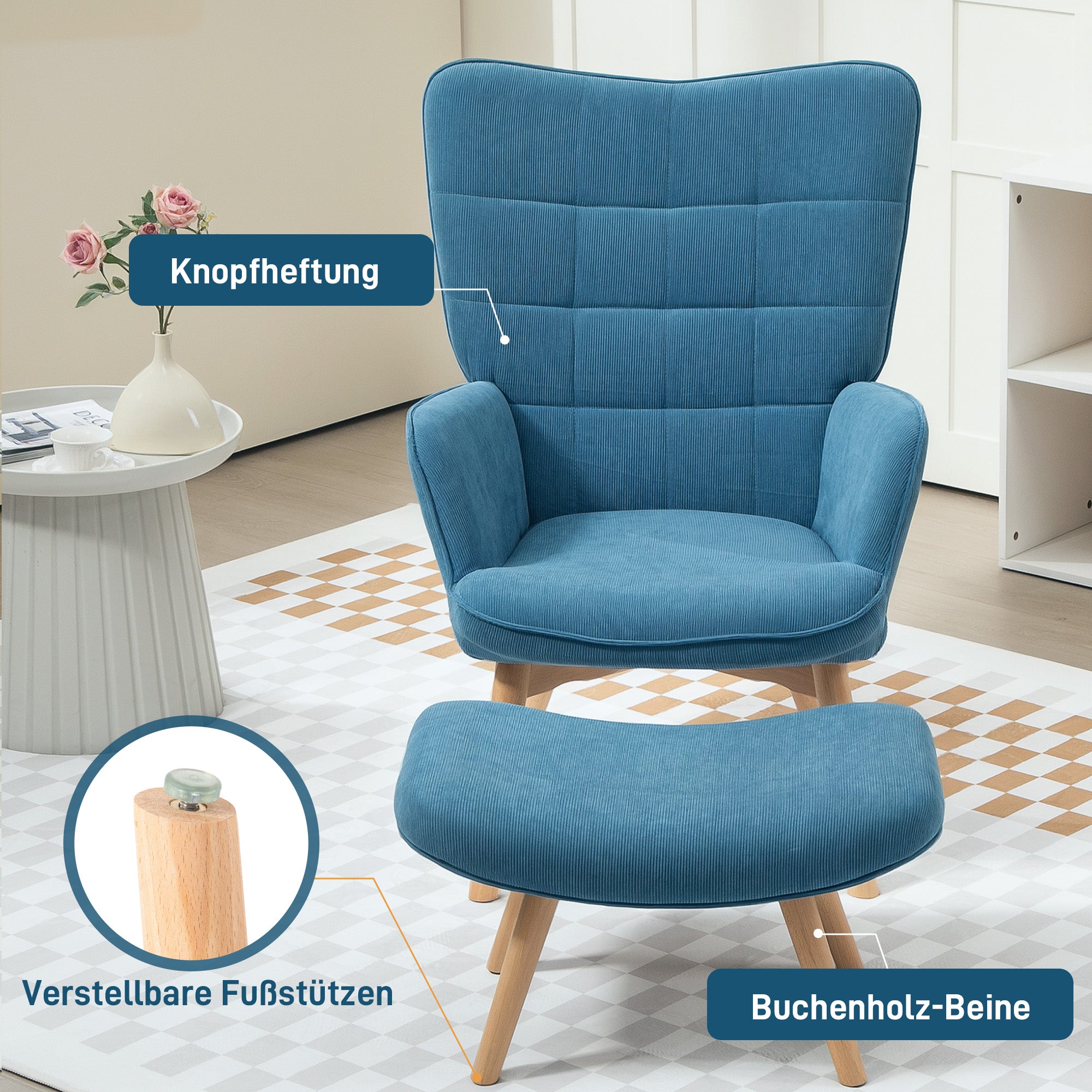 Armchair with Stool, Wingback High Back Tufted Lounge, Blue Corduroy