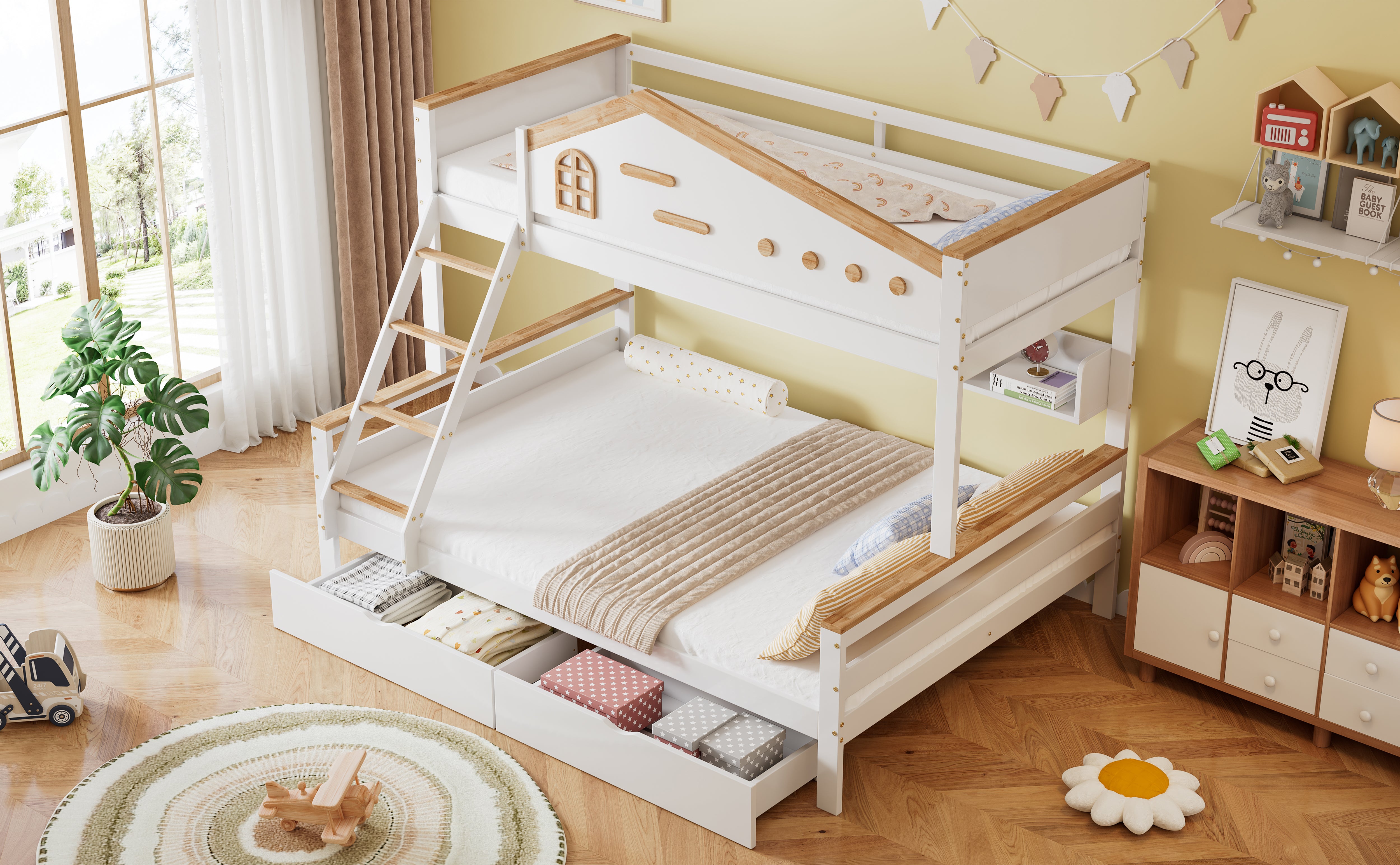 Bunk Bed, Children's with Drawers & Ladder, Pine+MDF White+Natural
