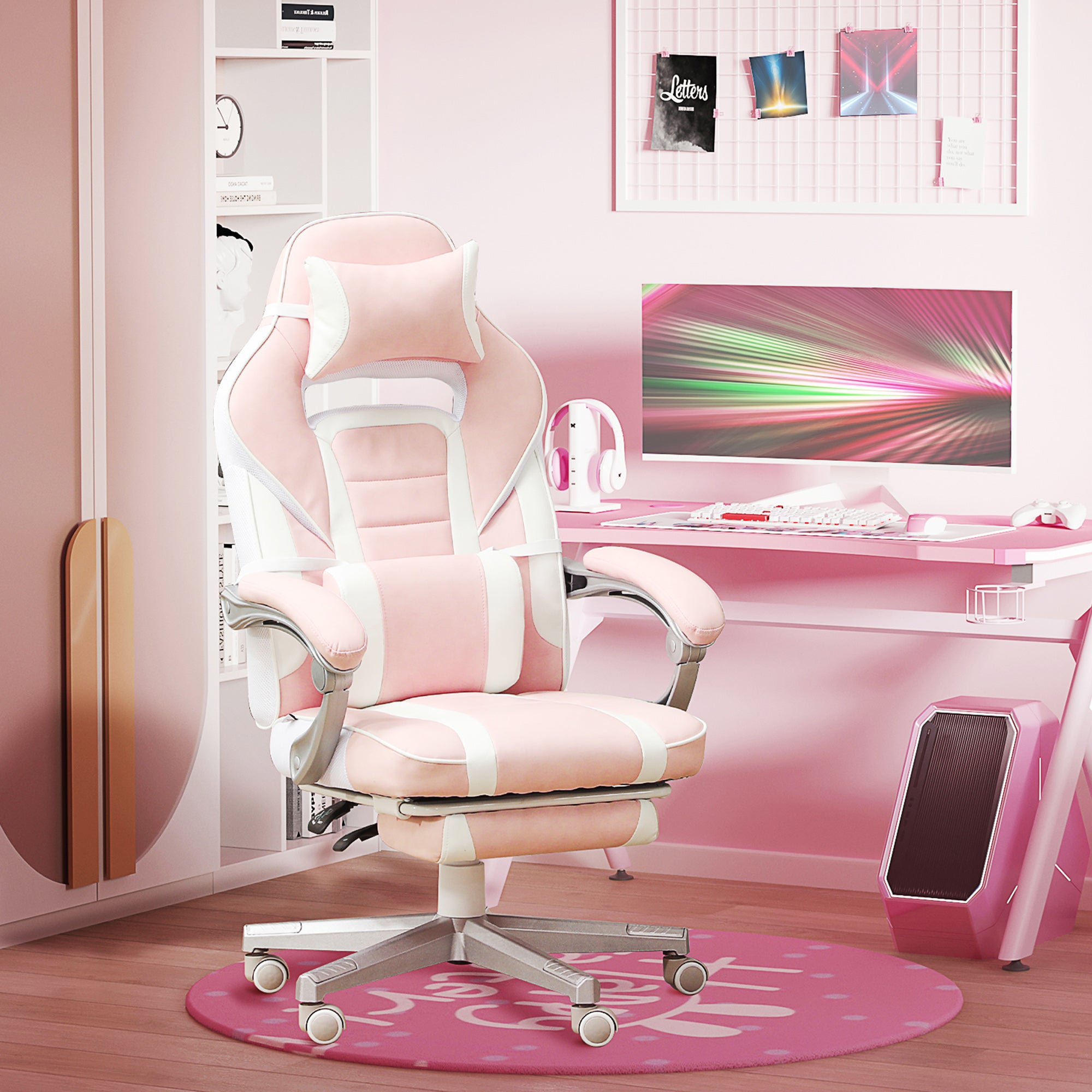 Gaming Chair, Height-Adjustable Swivel with Footrest, Pink Faux Leather