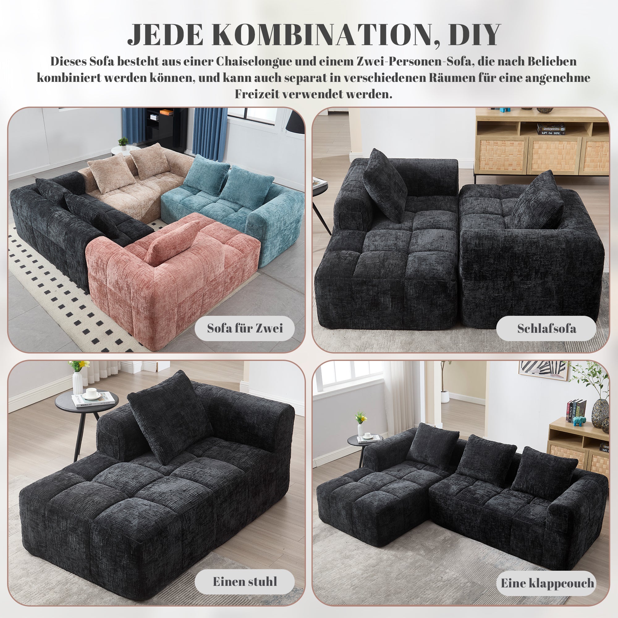 Modern Sectional Sofa L-Shaped 3-Seater Chaise Lounge, Chenille Black