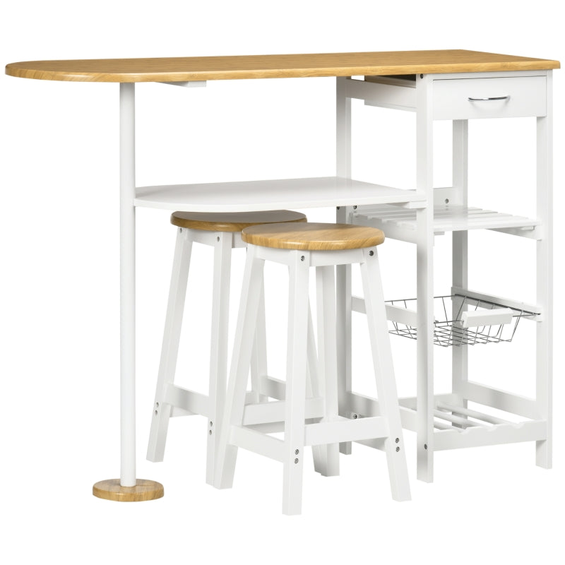 3 Piece Bar Table Set with Stools and Storage Shelf, Natural and White