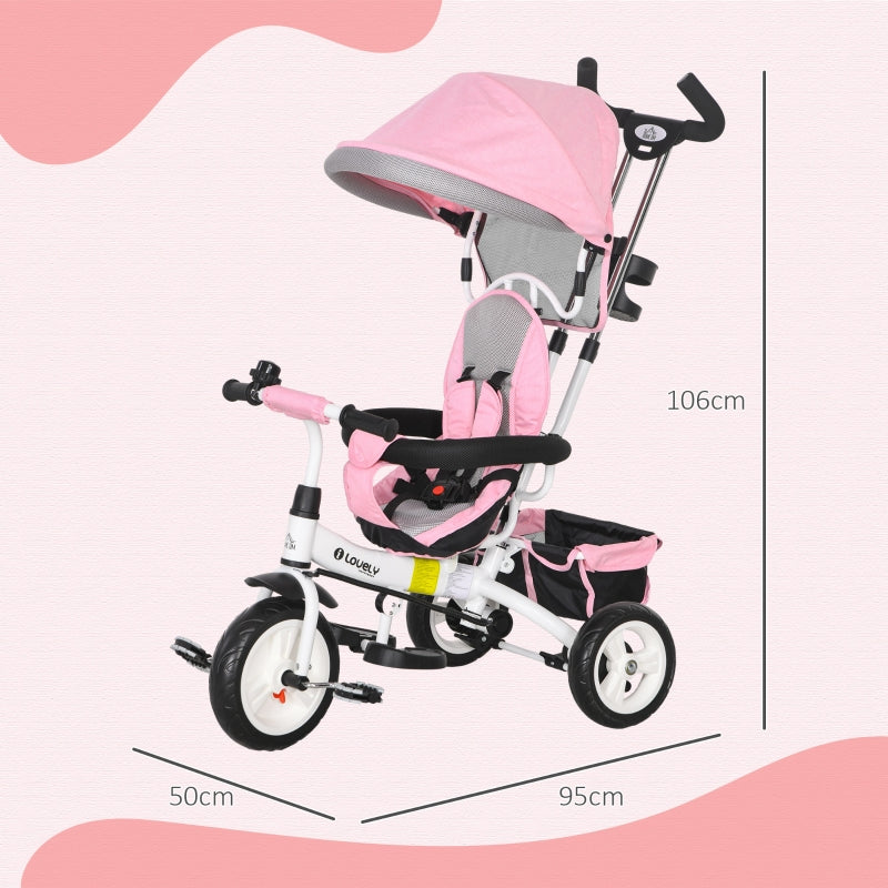 6-in-1 children's tricycle with push bar, canopy, belt, storage basket, for ages 1-5, pink