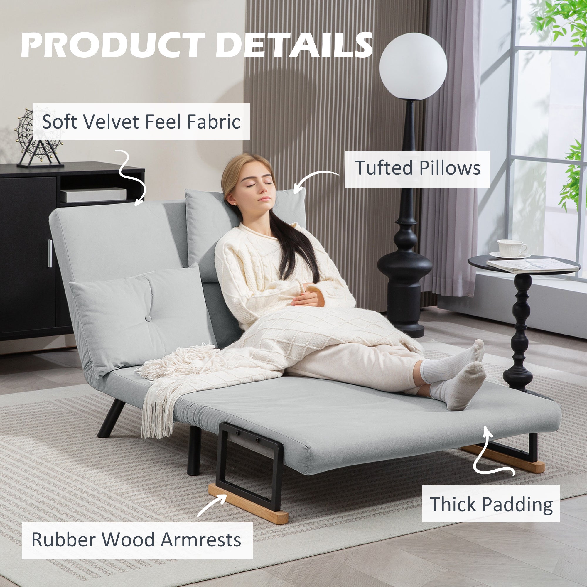 Double Sofa Bed, 4-in-1 Velvet-Feel with Pillows - Light Grey