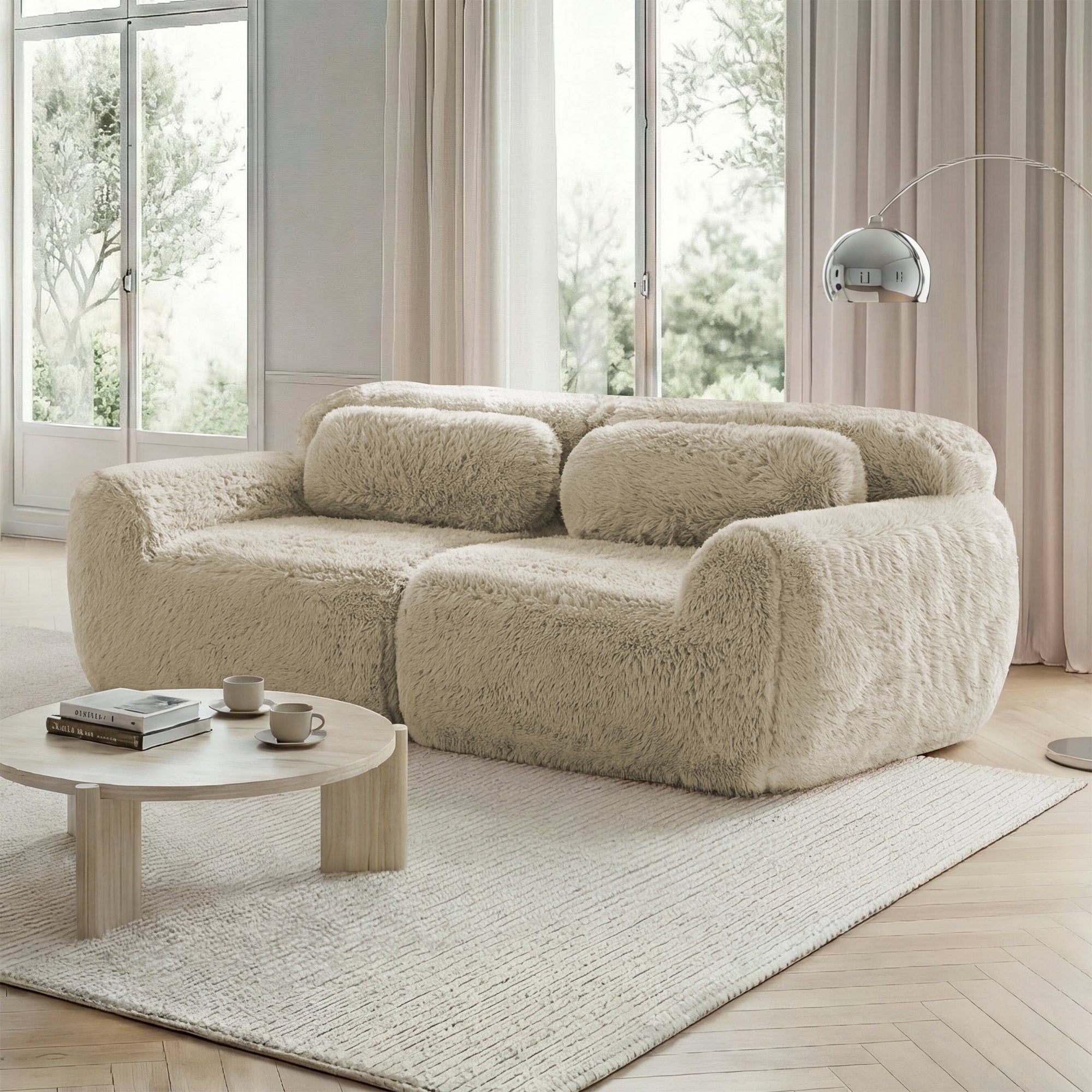 2-Seater Sofa, Frameless Modular Design with Cushions and High-Resilience Foam, Light Khaki Plush Fabric