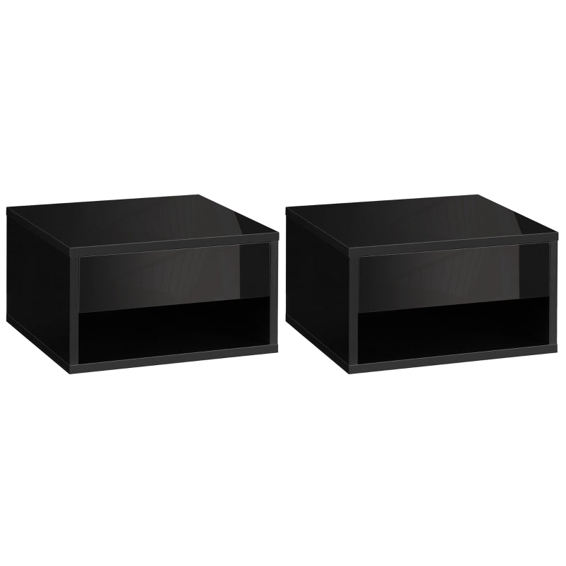 2 Pieces Bedside Table Wall Mounted Nightstand with Drawer and Shelf, High Gloss Black